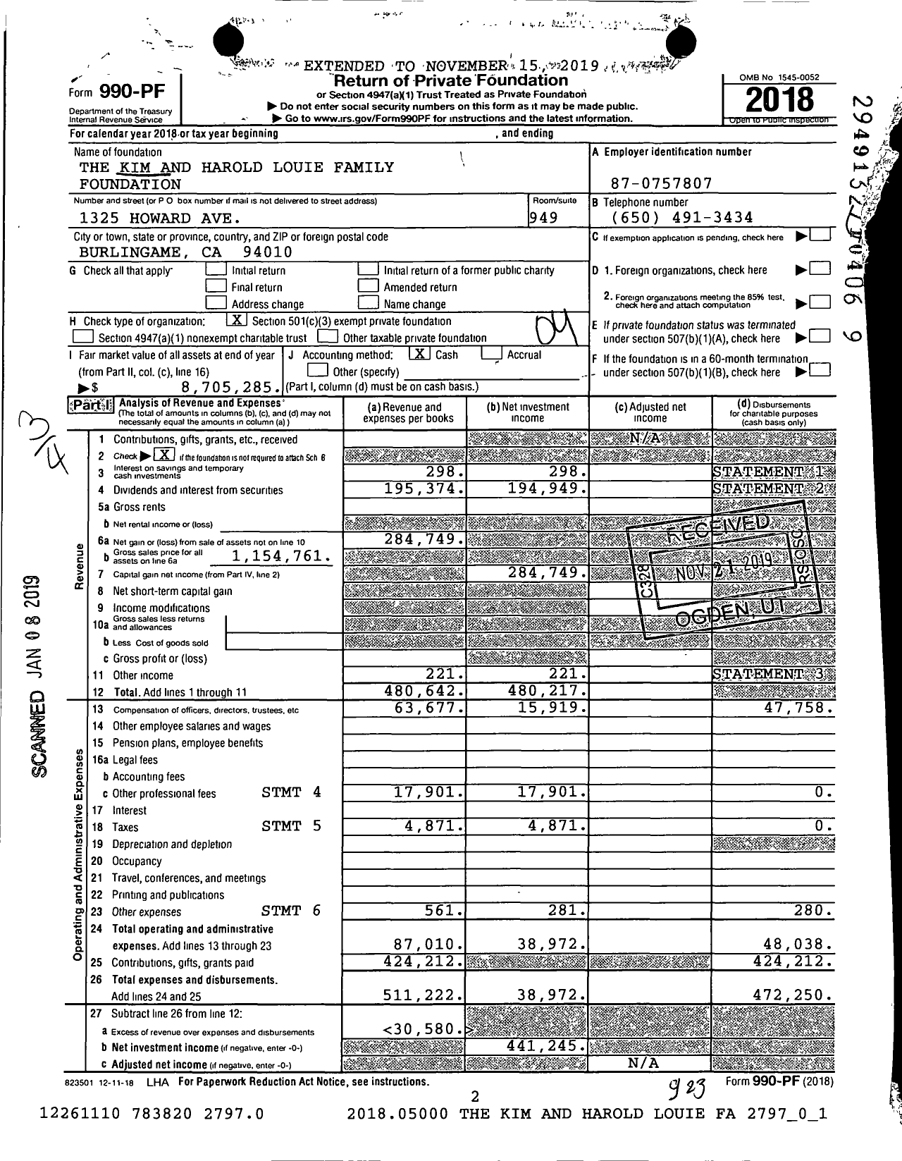 Image of first page of 2018 Form 990PF for The Kim and Harold Louie Family Foundation