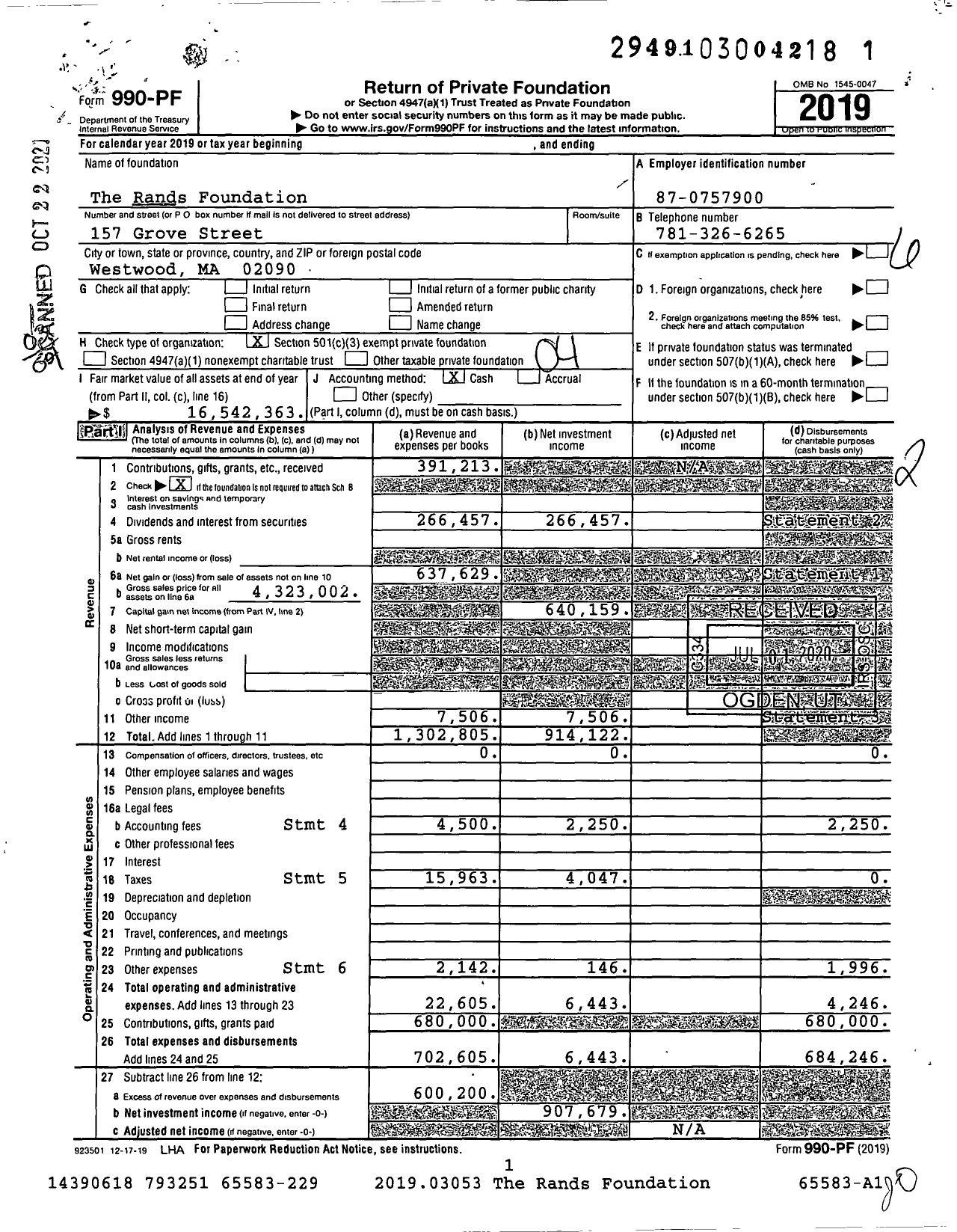 Image of first page of 2019 Form 990PF for Rands Foundation