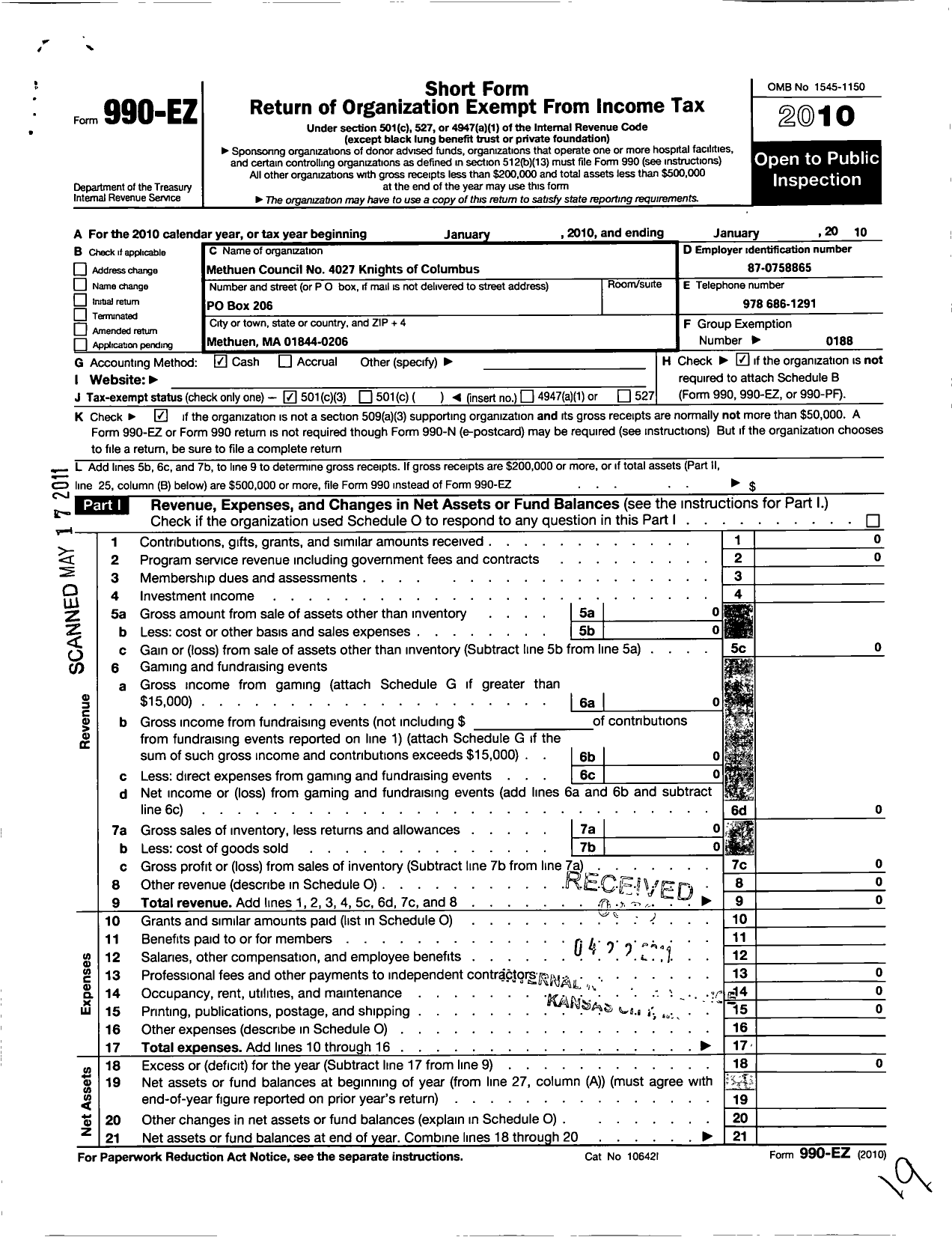 Image of first page of 2009 Form 990EZ for Knights of Columbus