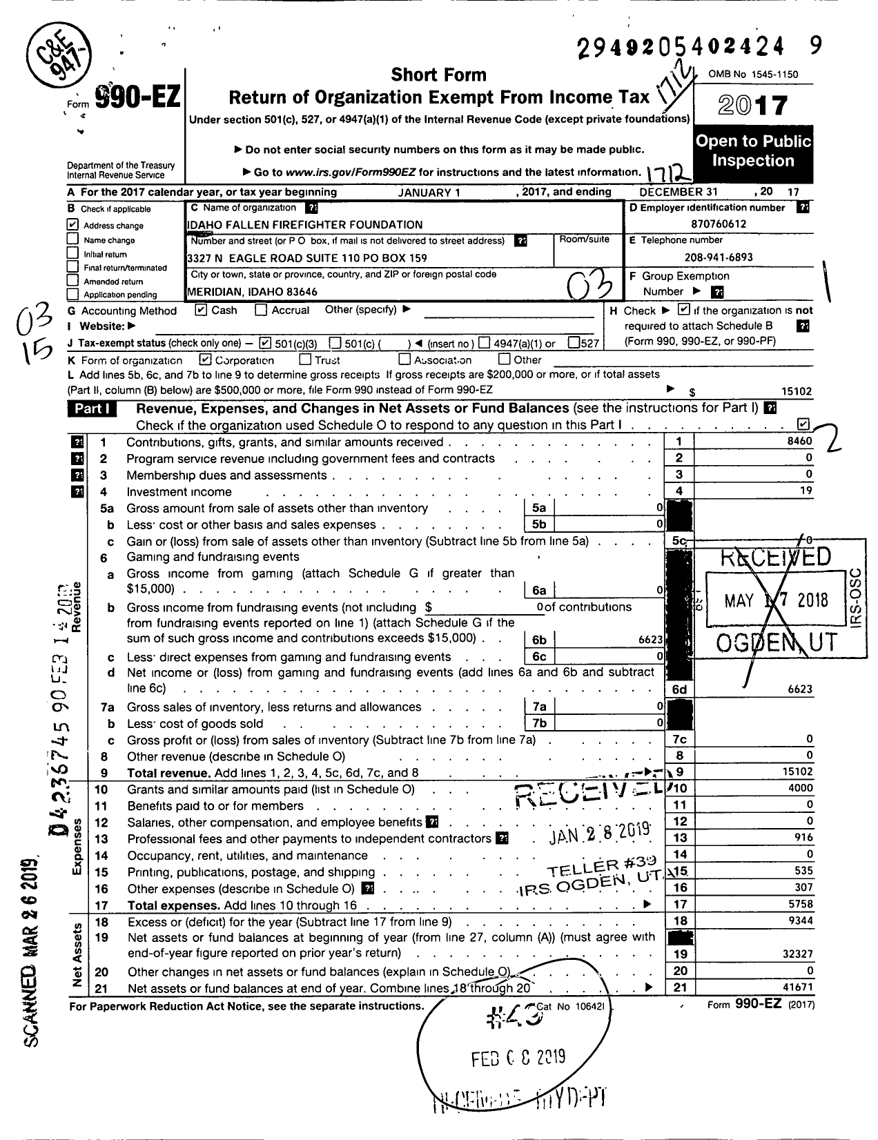 Image of first page of 2017 Form 990EZ for Idaho Fallen Firefighter Foundation