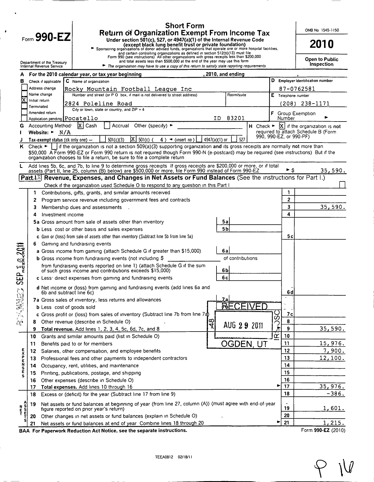 Image of first page of 2010 Form 990EO for Rocky Mountain Football League