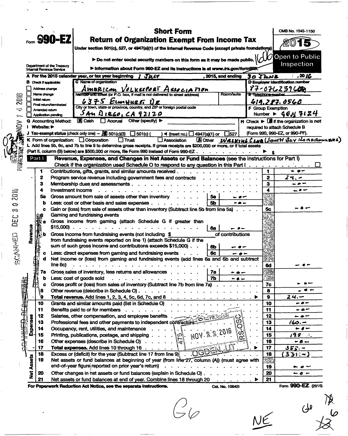 Image of first page of 2015 Form 990EZ for American Volkssport Association - 0832 South Bay Roadrunners