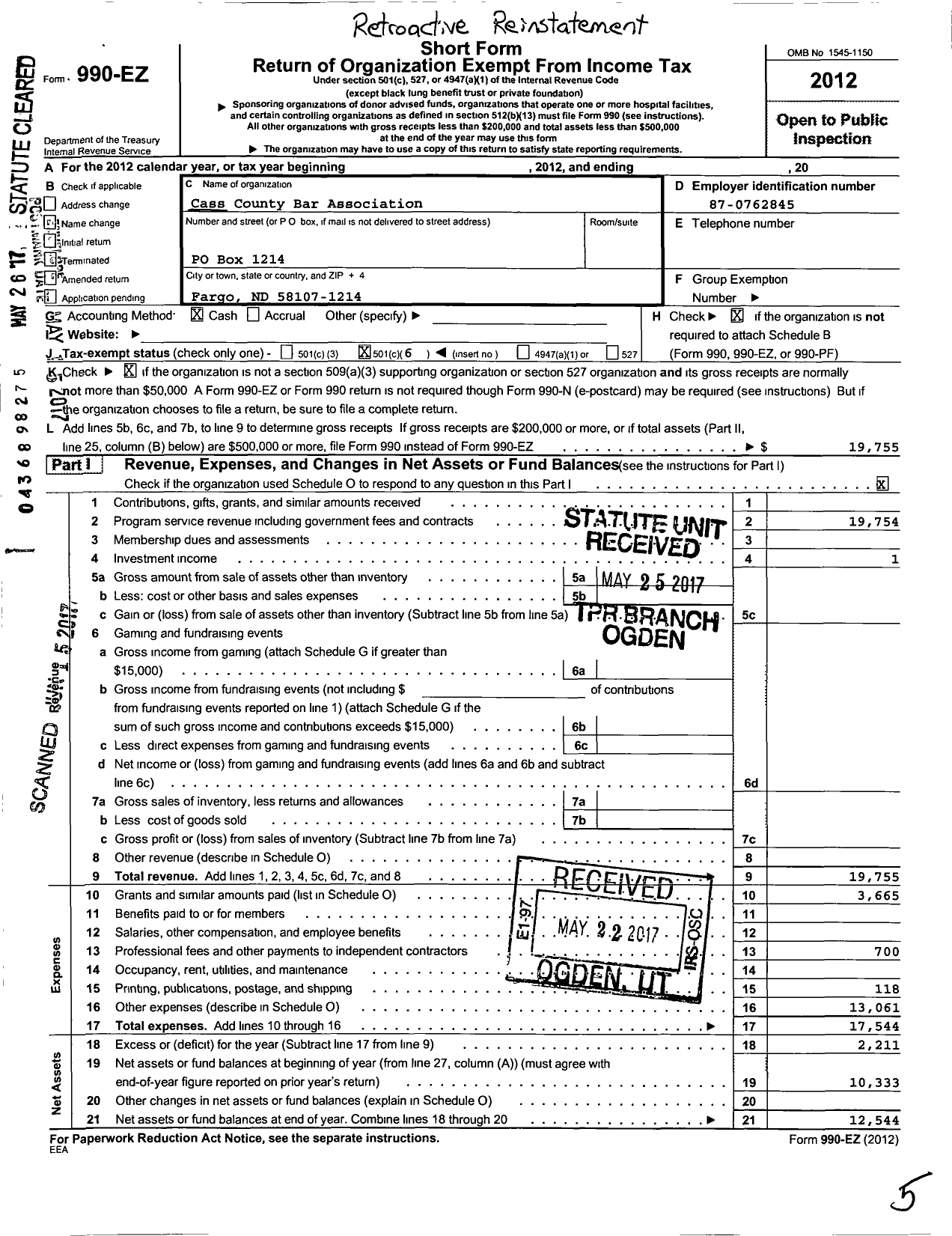 Image of first page of 2012 Form 990EO for Cass County Bar Associaton