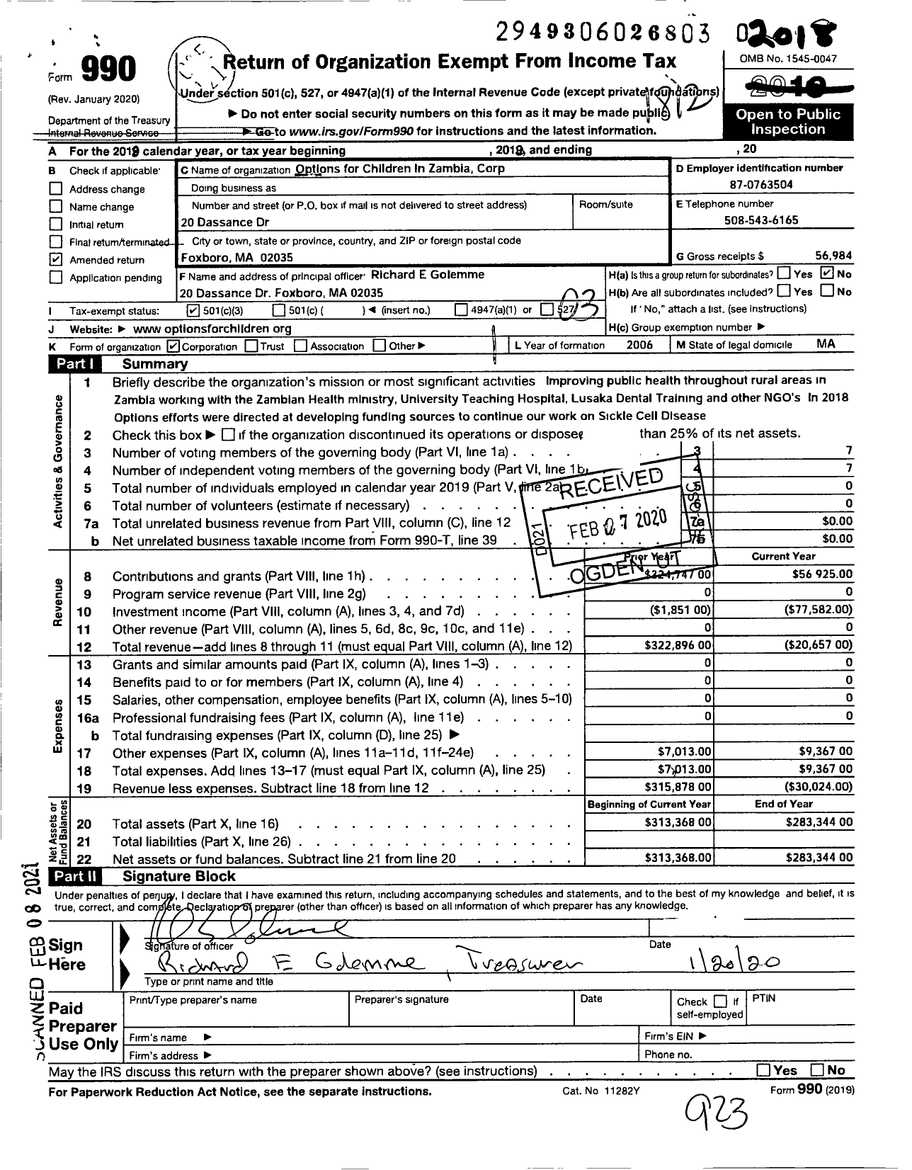 Image of first page of 2018 Form 990 for Options for Children in Zambia Corporation