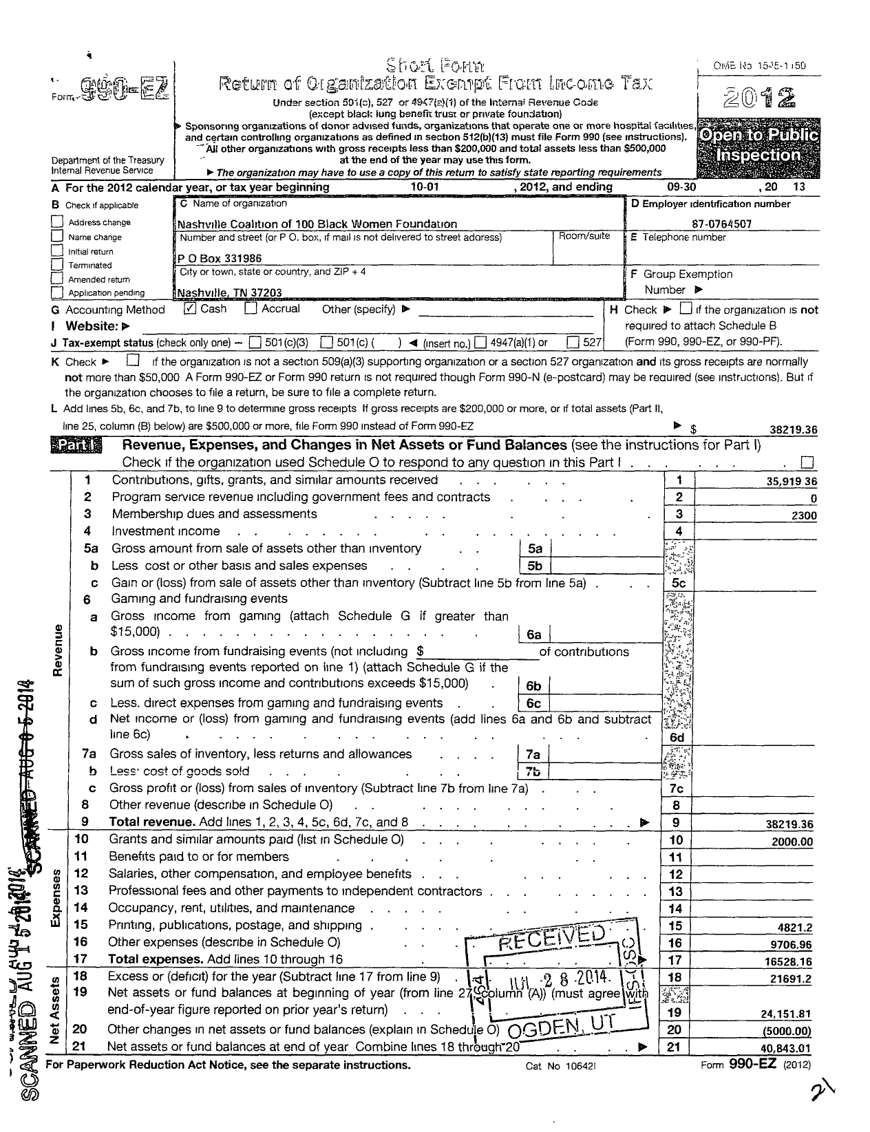 Image of first page of 2012 Form 990EO for Nashville Foundation for Women of Color