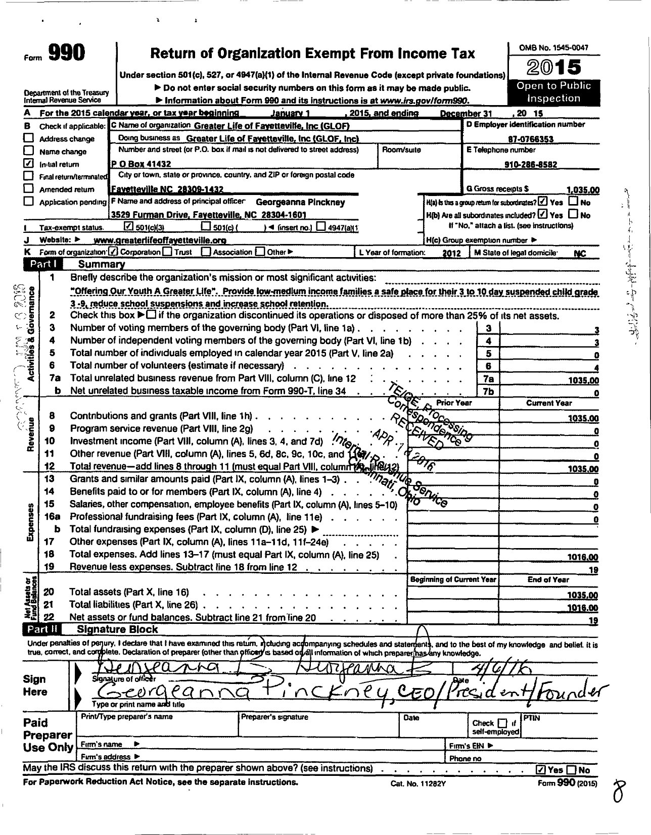 Image of first page of 2015 Form 990 for Greater Life of Fayetteville