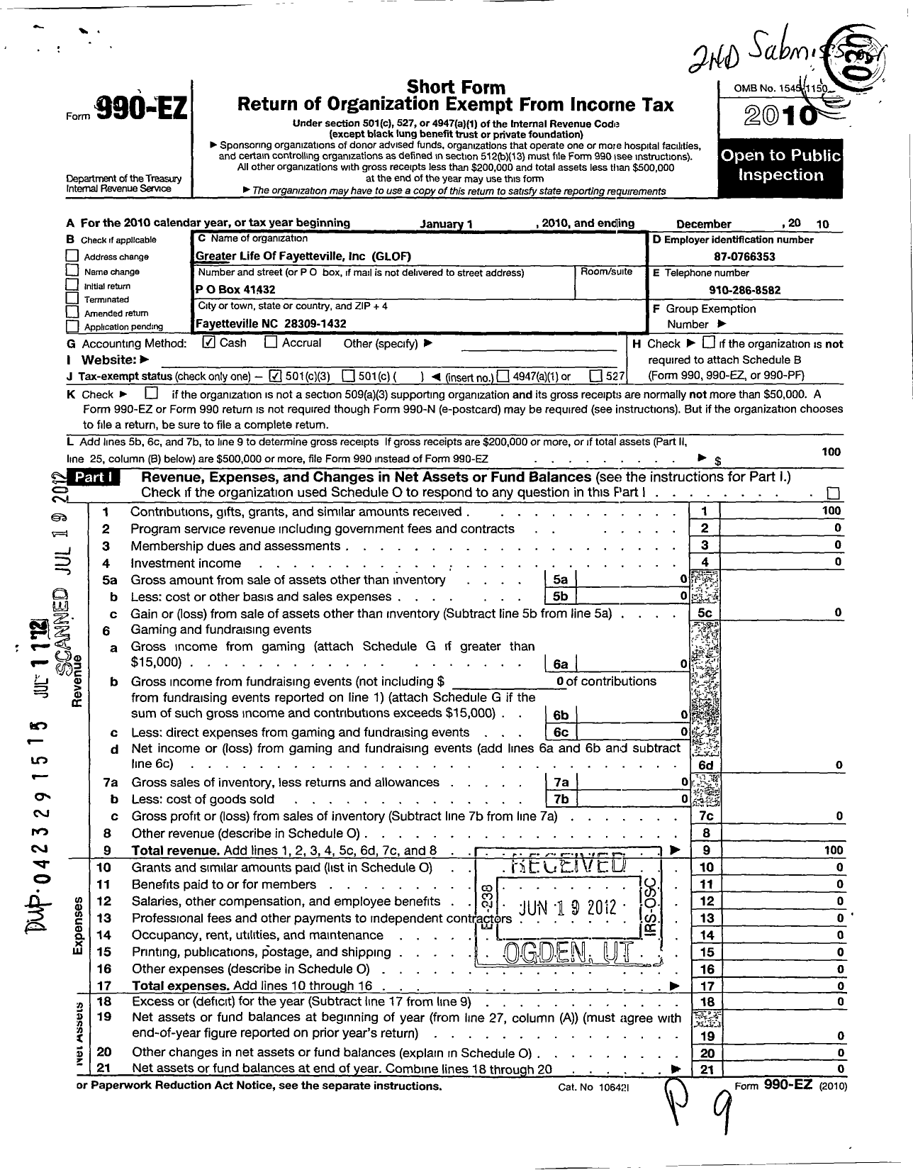 Image of first page of 2010 Form 990EZ for Greater Life of Fayetteville