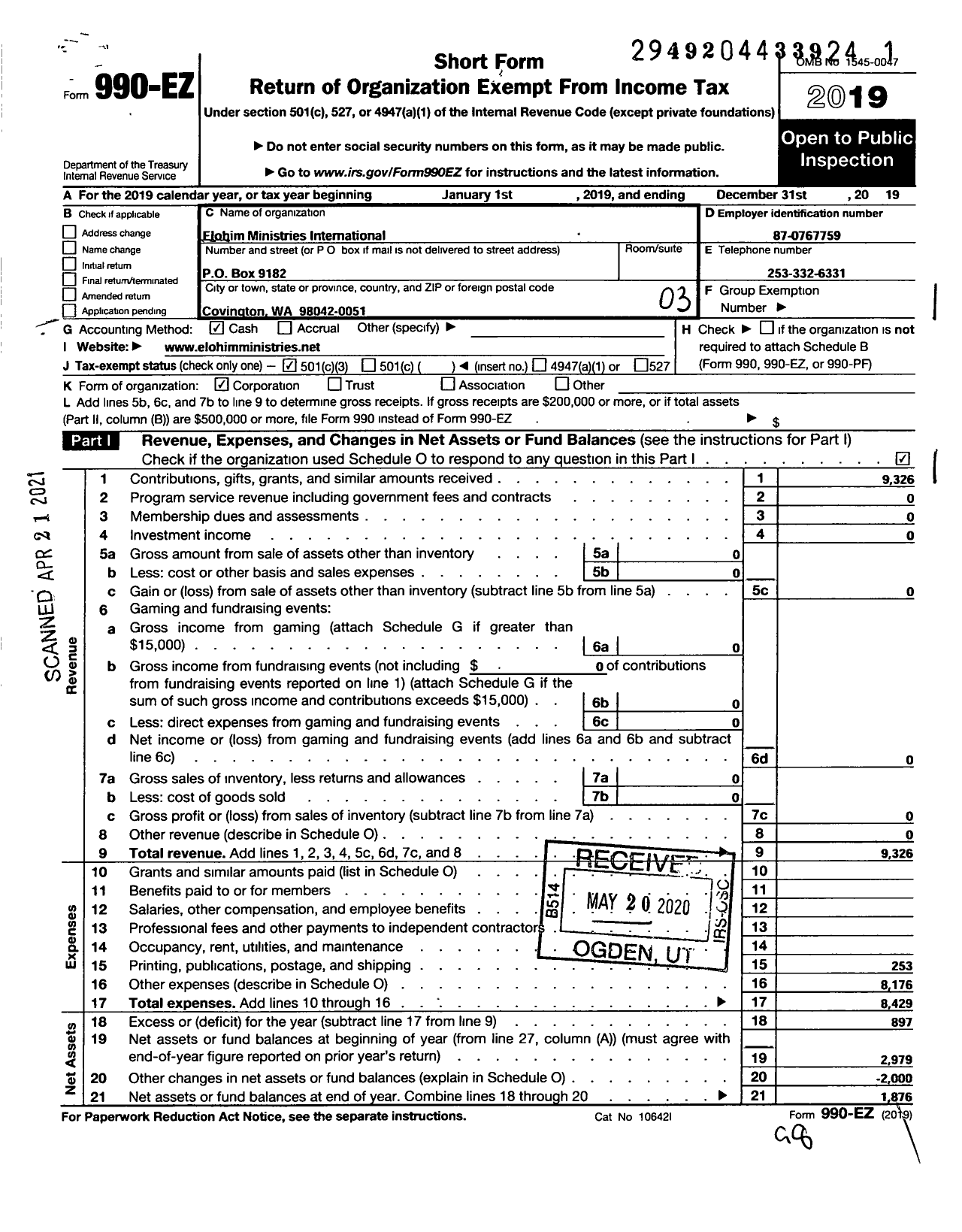 Image of first page of 2019 Form 990EZ for Elohim Ministries International