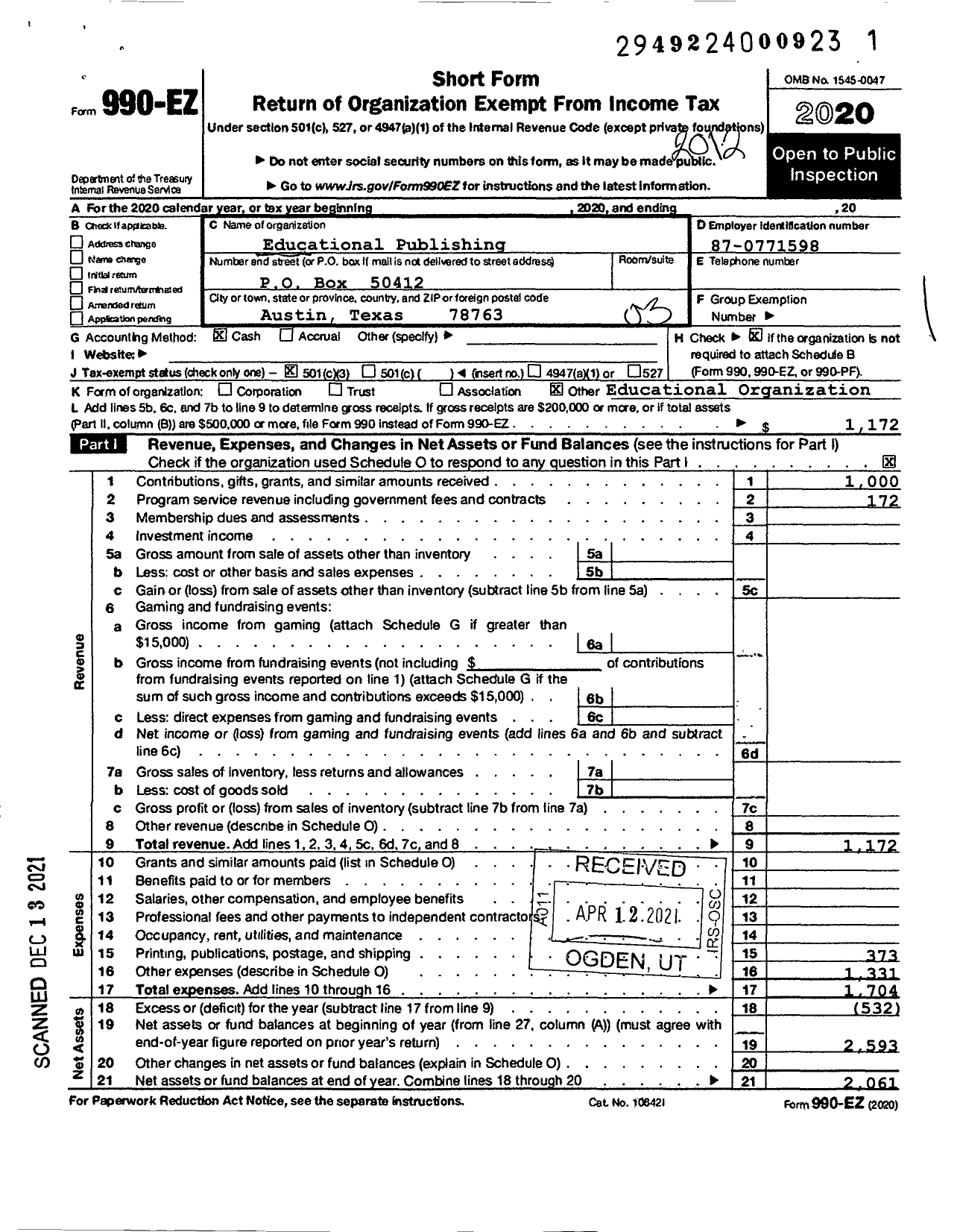 Image of first page of 2020 Form 990EZ for Educational Publishing