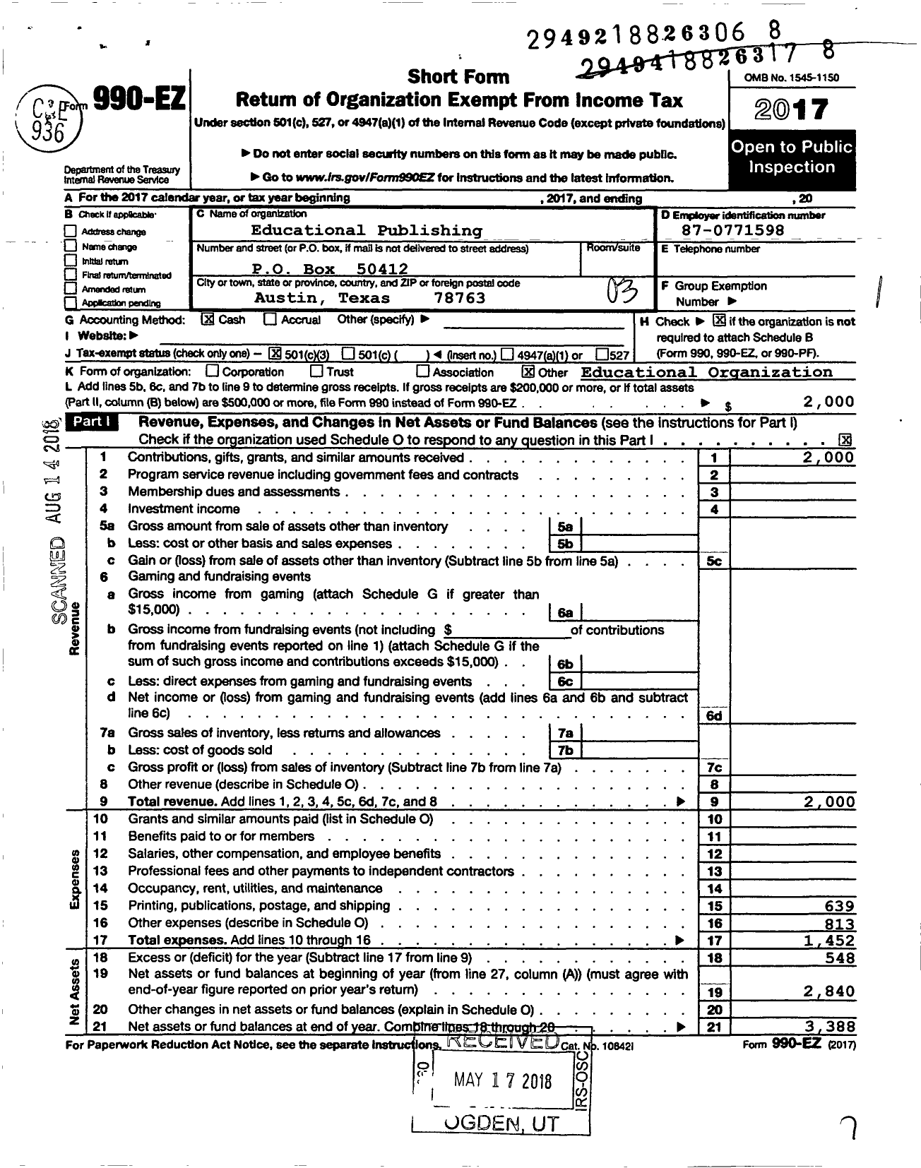 Image of first page of 2017 Form 990EZ for Educational Publishing