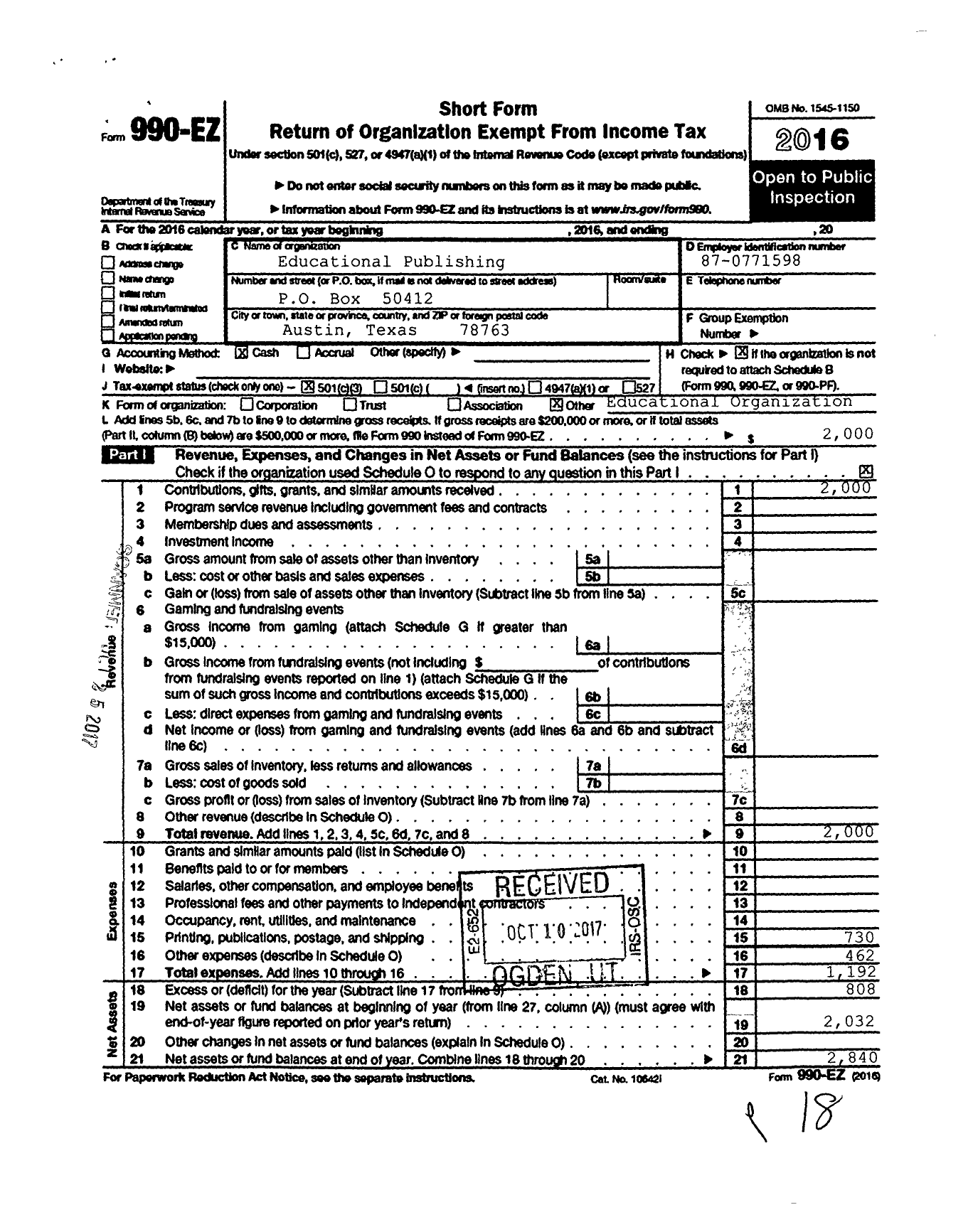 Image of first page of 2016 Form 990EZ for Educational Publishing