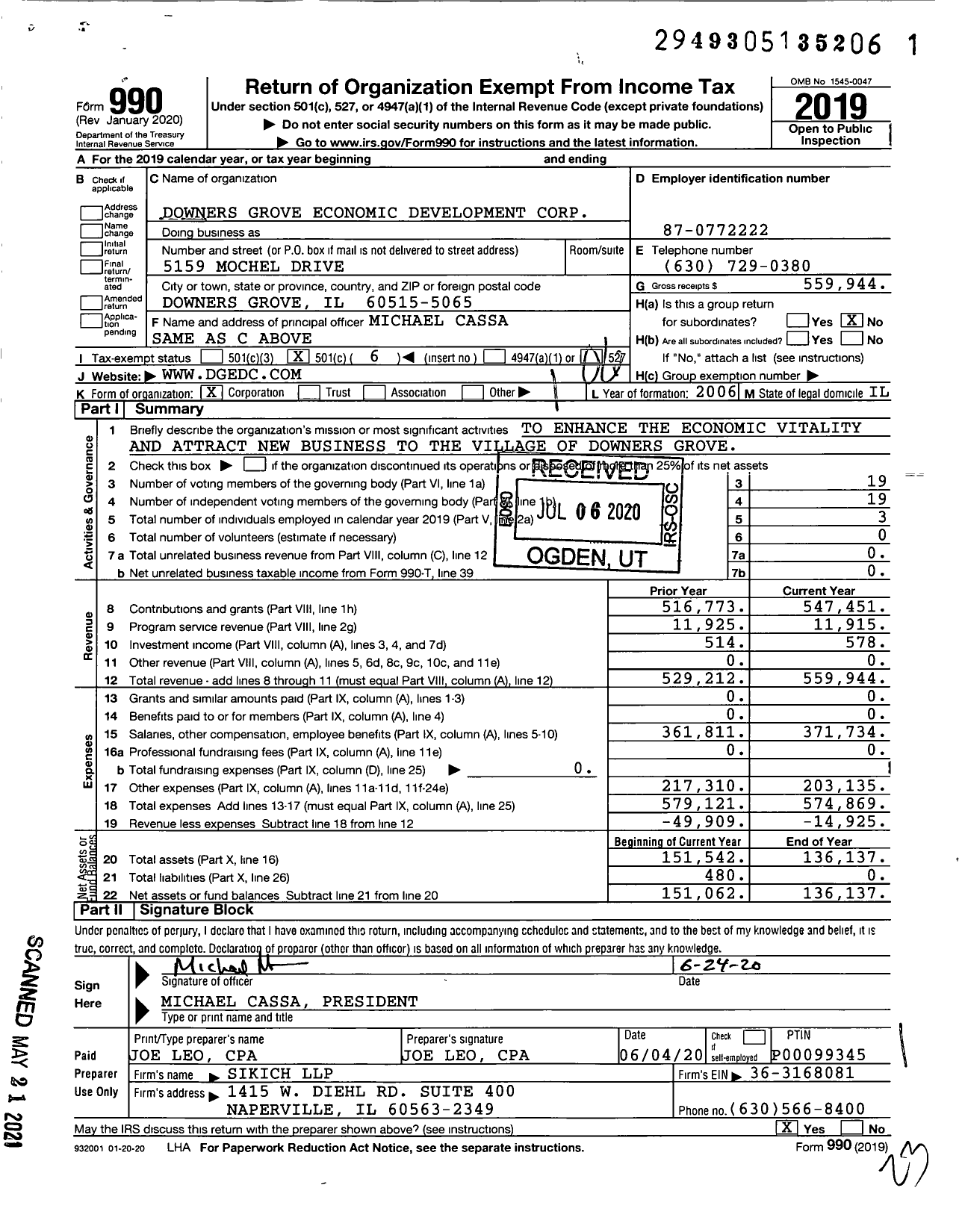 Image of first page of 2019 Form 990O for Downers Grove Economic Development Corporation