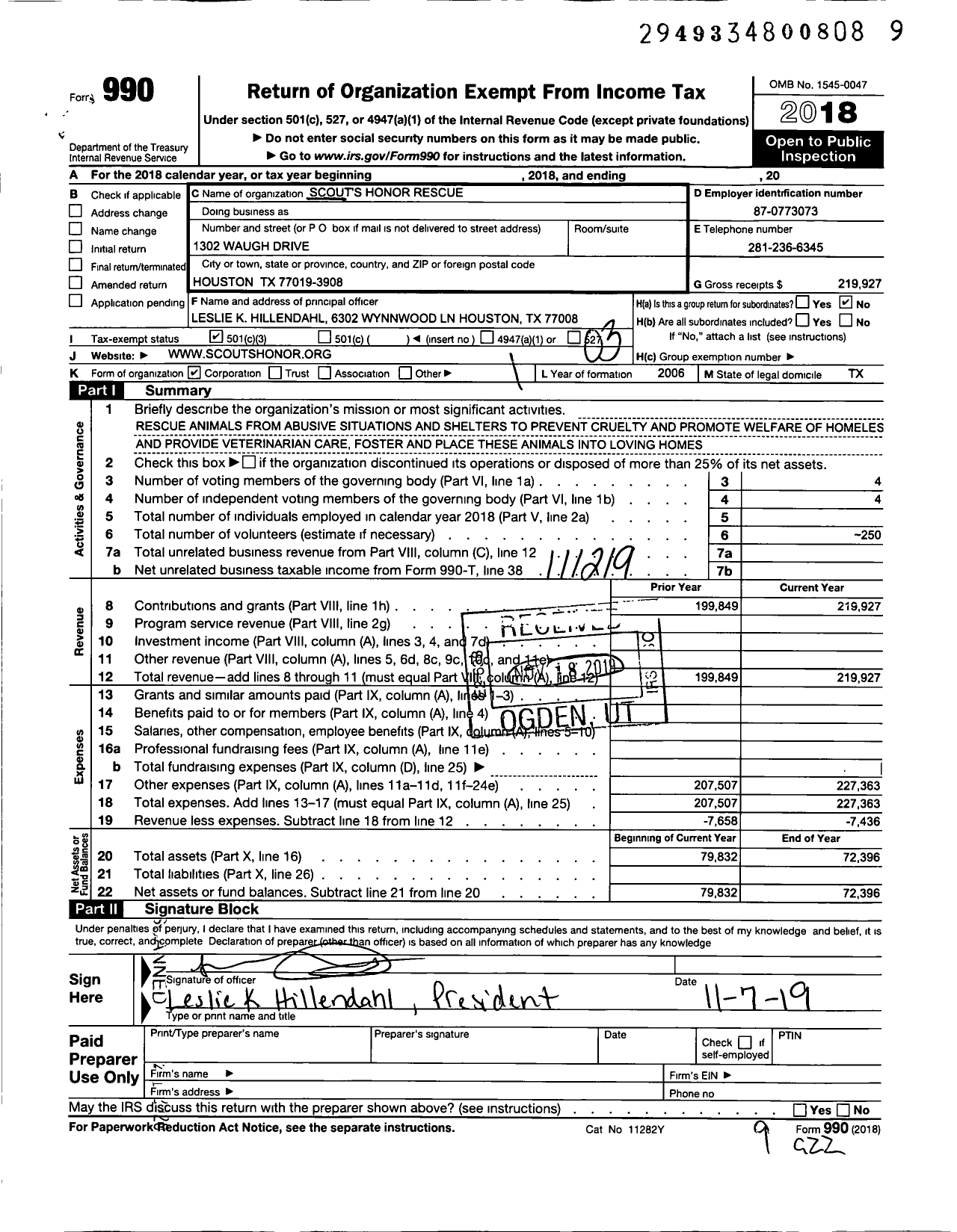 Image of first page of 2018 Form 990 for Scouts Honor Rescue