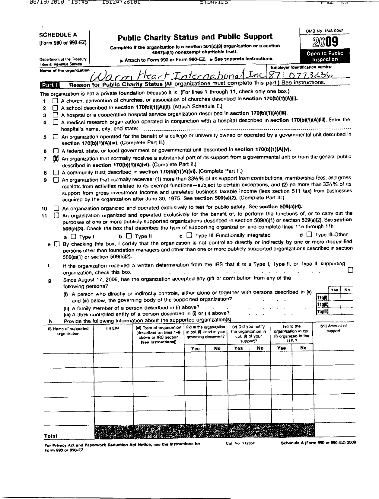 Image of first page of 2009 Form 990ER for Warm Heart International