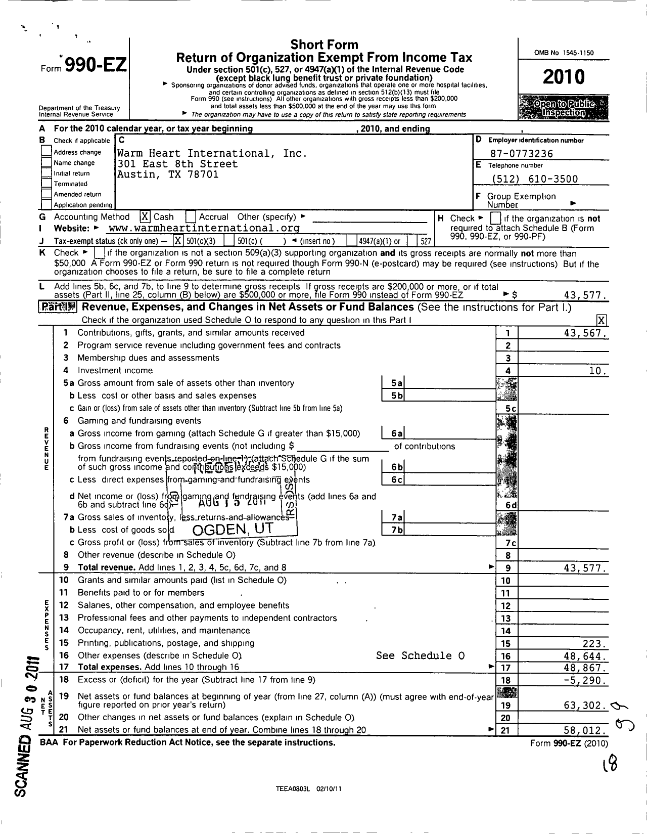 Image of first page of 2010 Form 990EZ for Warm Heart International