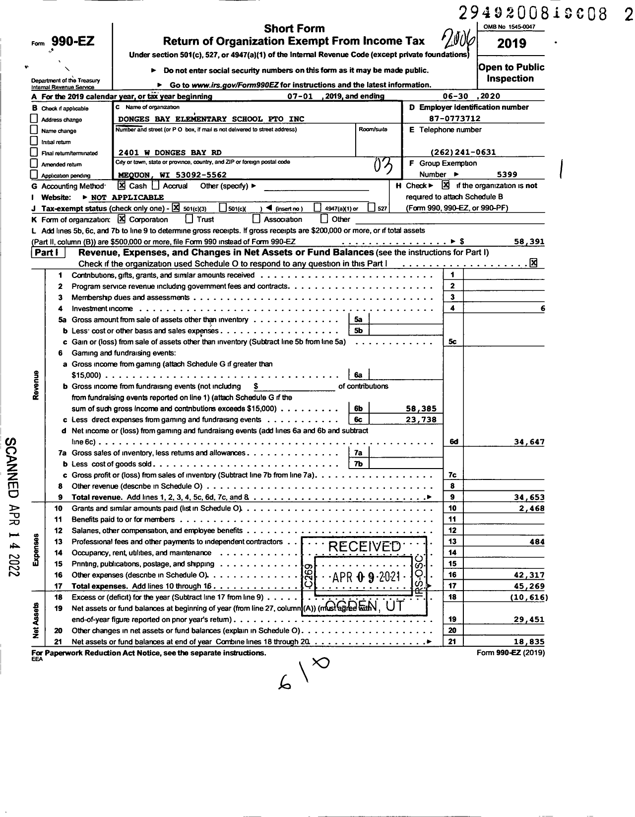 Image of first page of 2019 Form 990EZ for Dongas Bay Elementary School Pto