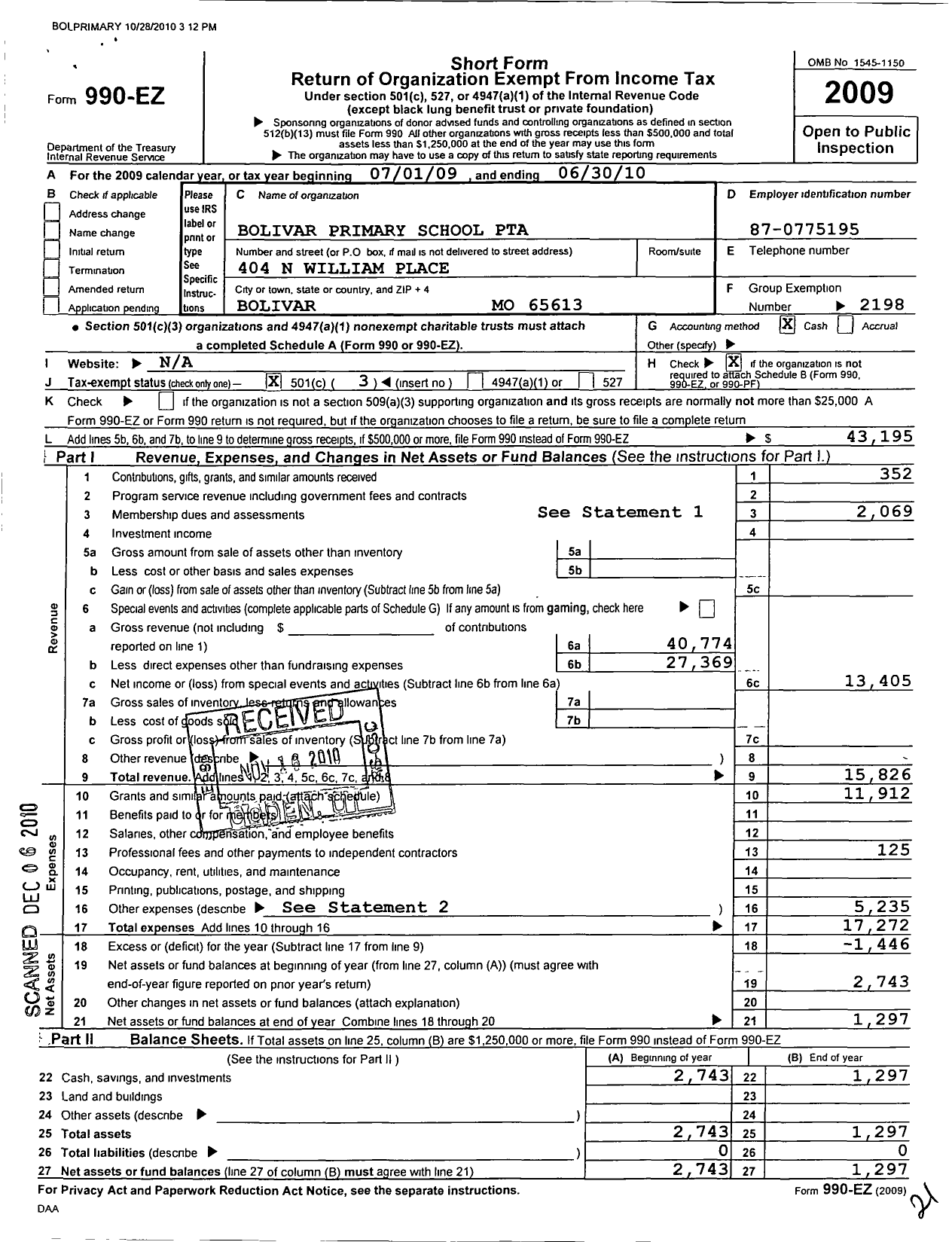 Image of first page of 2009 Form 990EZ for PTA Missouri Congress / Bolivar Primary School PTA