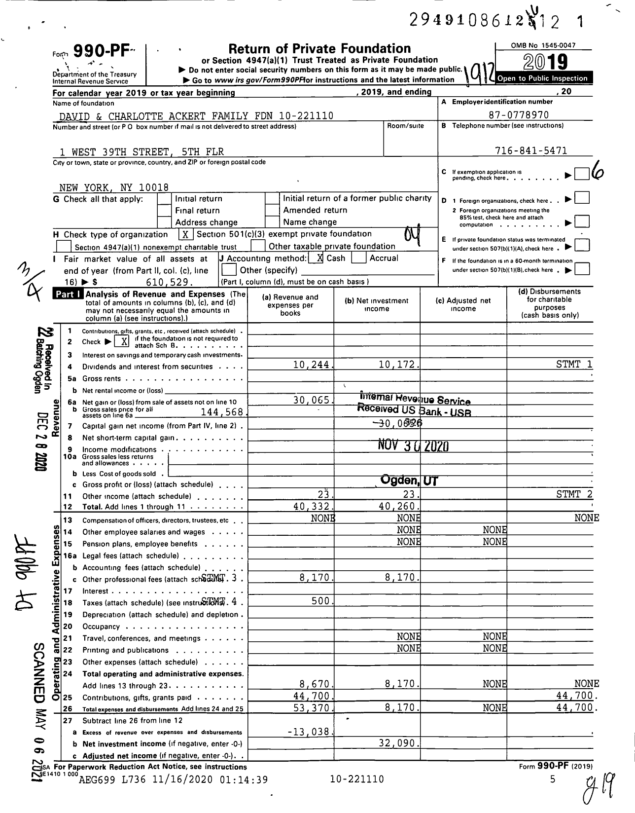 Image of first page of 2019 Form 990PF for David and Charlotte Ackert Family Foundation