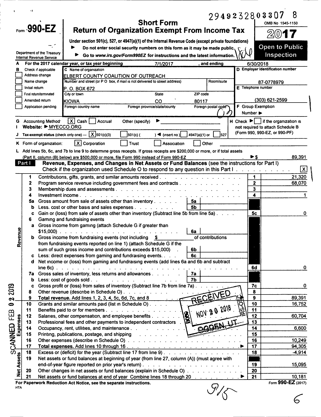 Image of first page of 2017 Form 990EZ for Elbert County Coalition of Outreach