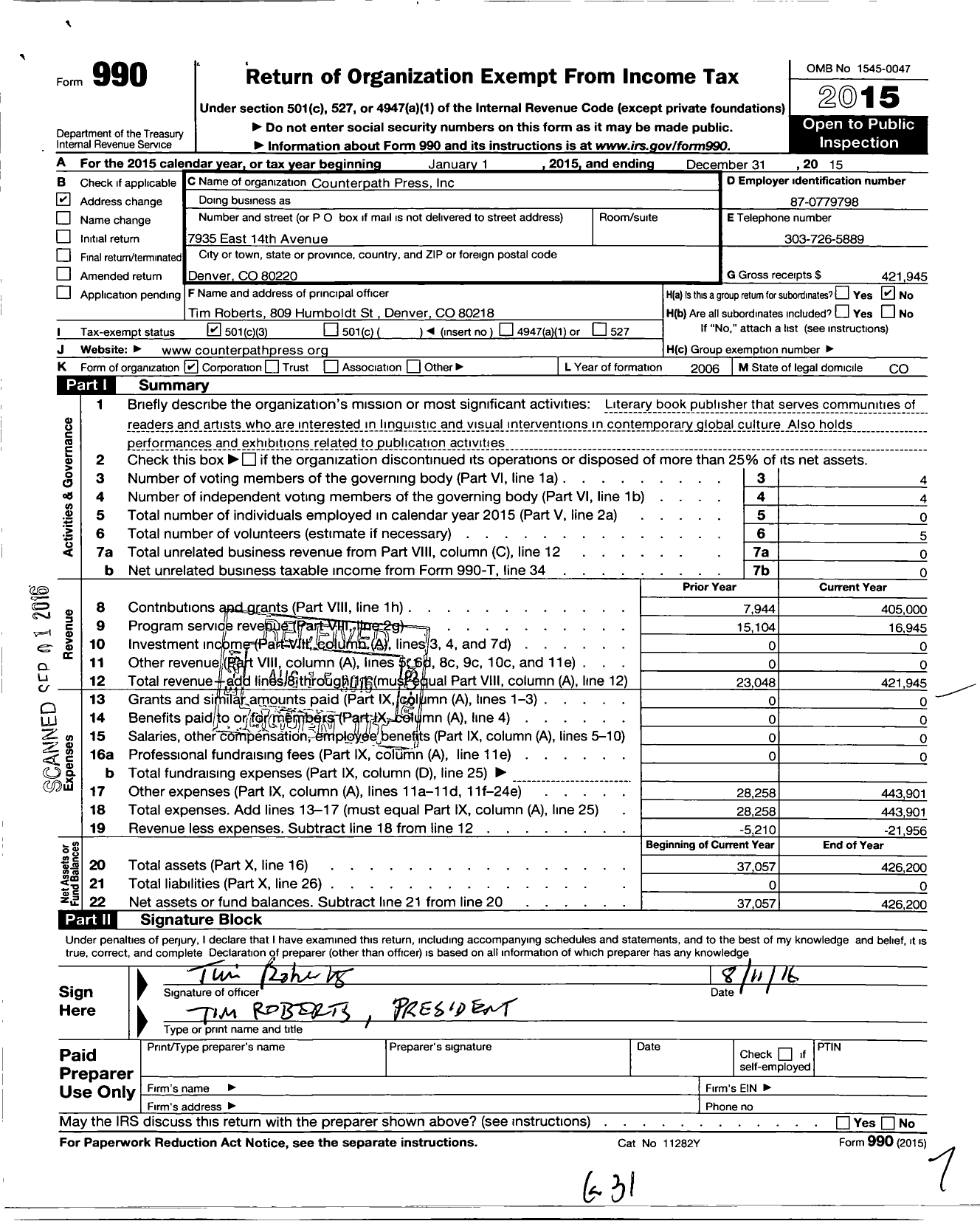 Image of first page of 2015 Form 990 for Counter Path Press