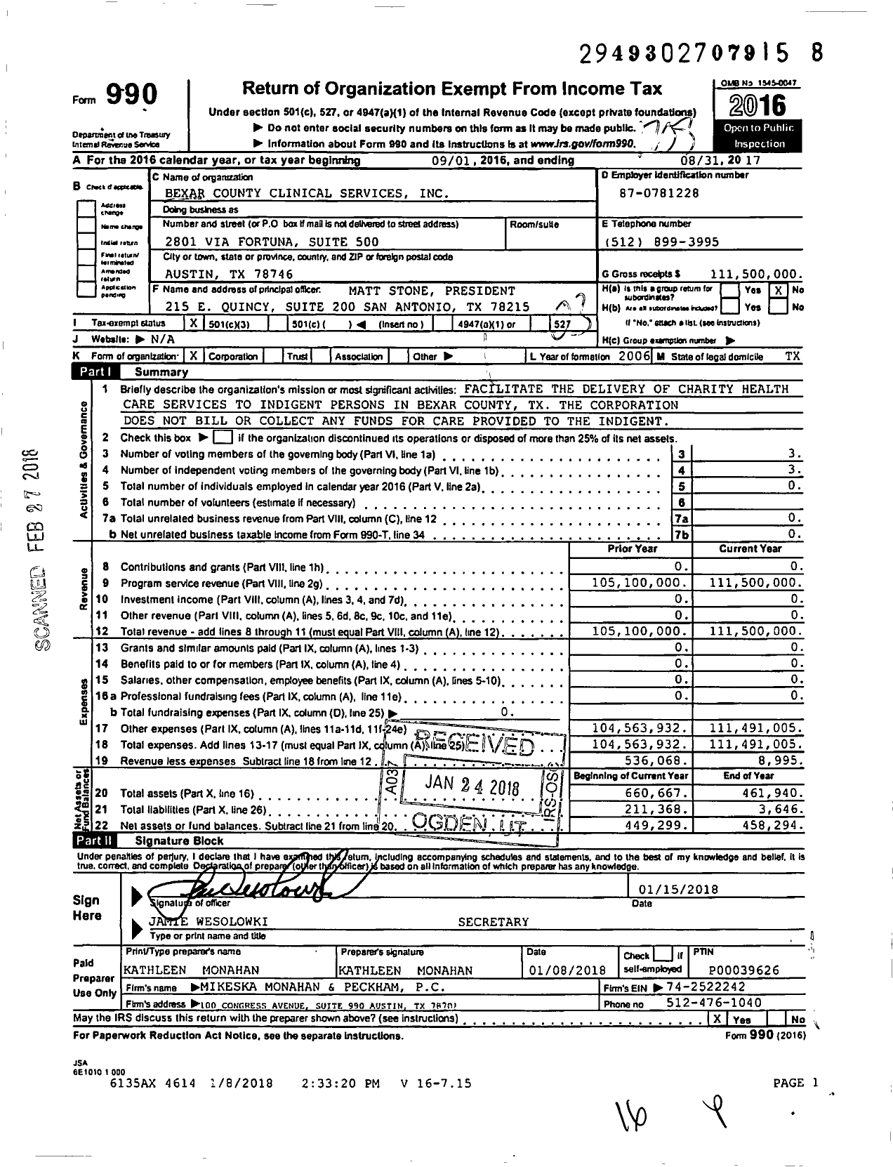 Image of first page of 2016 Form 990 for Bexar County Clinical Services