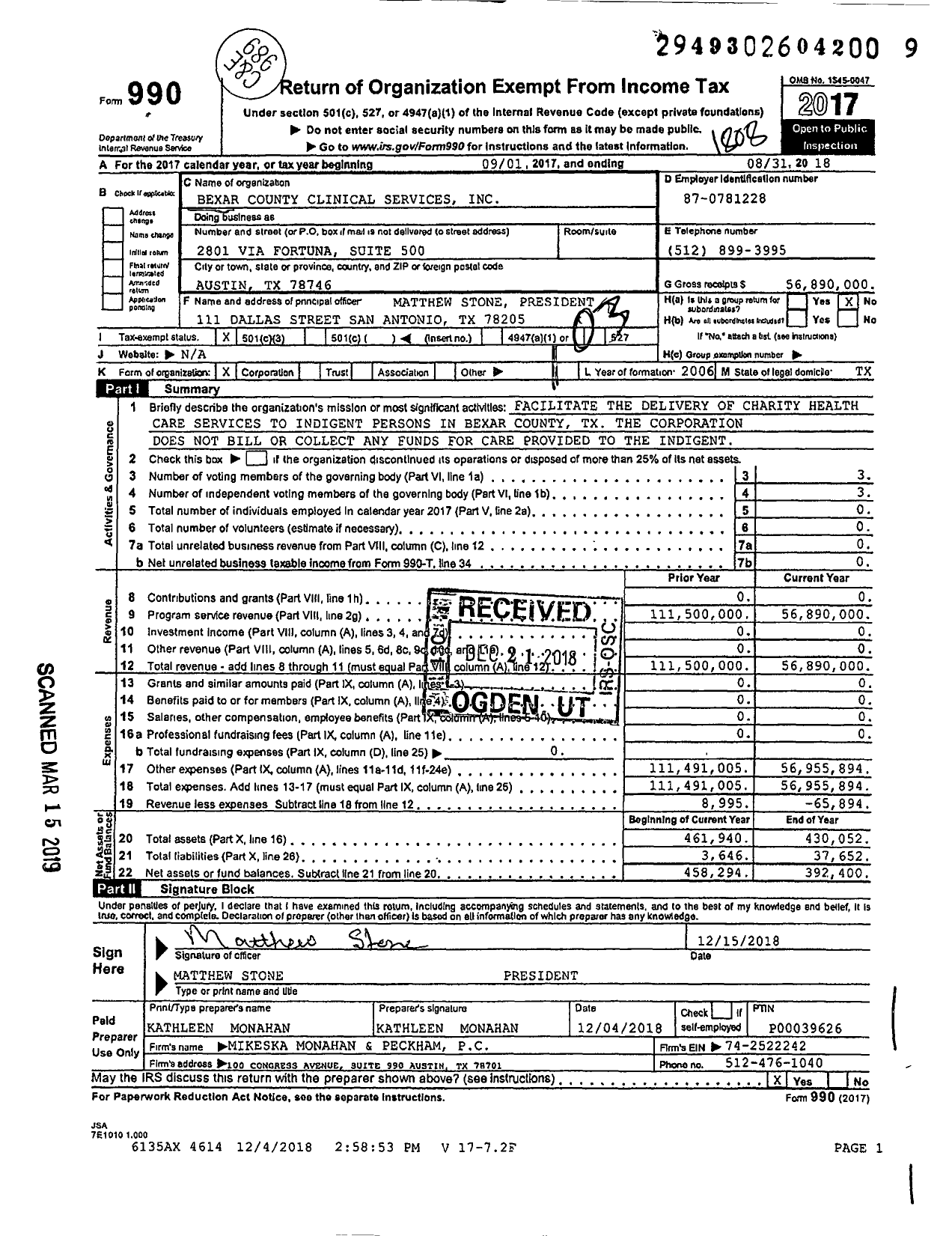 Image of first page of 2017 Form 990 for Bexar County Clinical Services