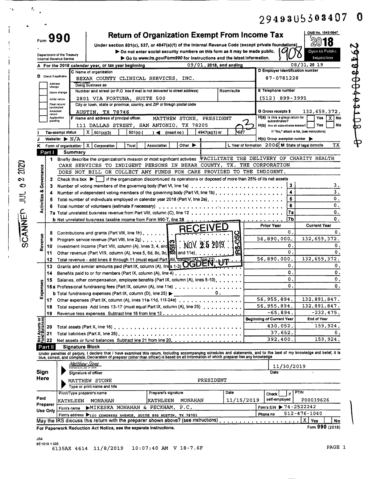 Image of first page of 2018 Form 990 for Bexar County Clinical Services