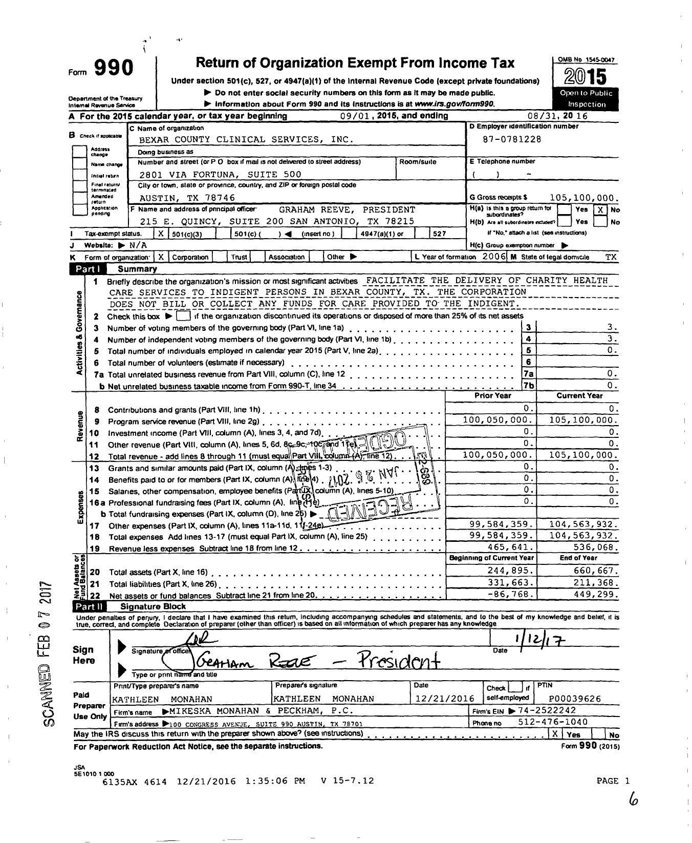 Image of first page of 2015 Form 990 for Bexar County Clinical Services