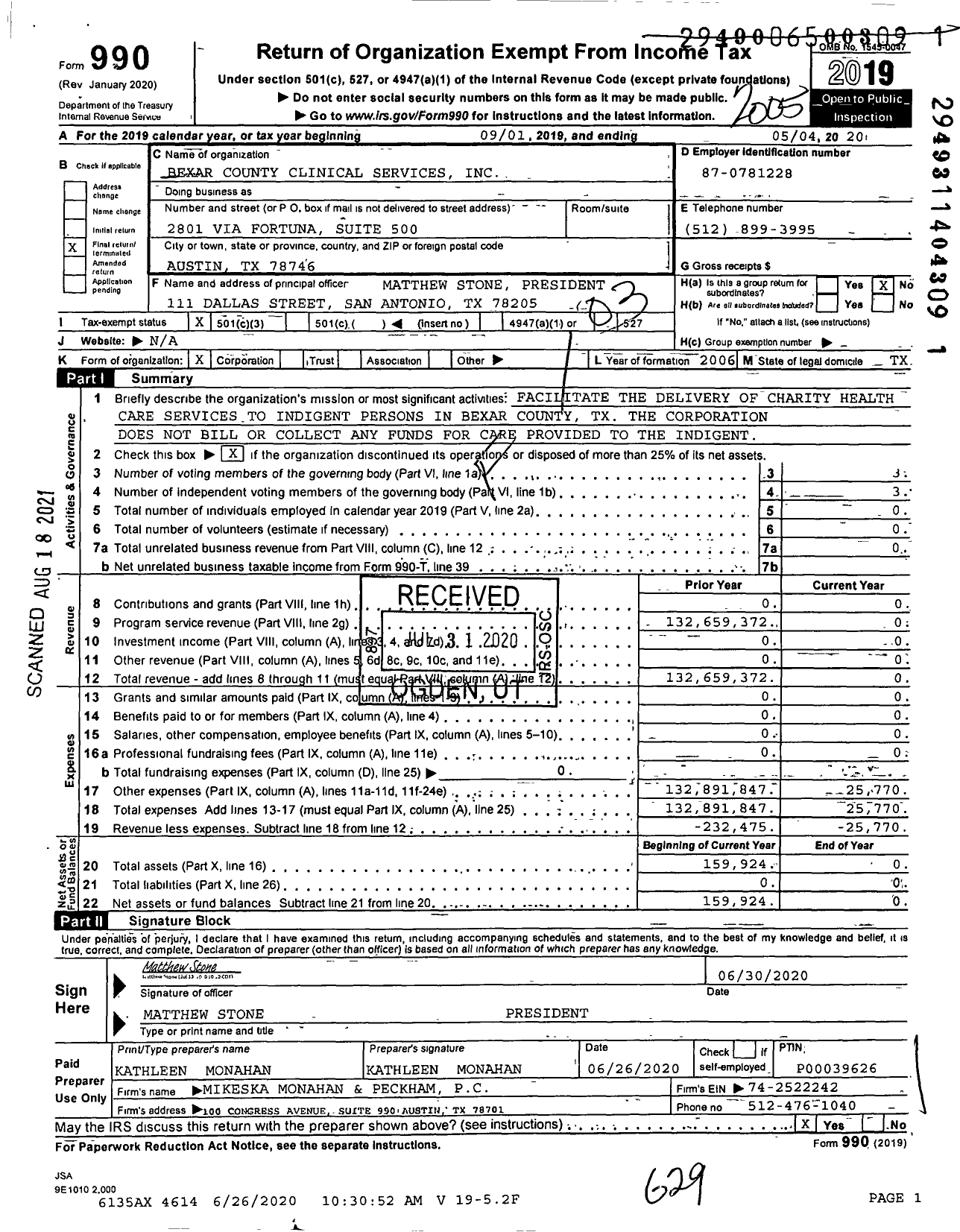 Image of first page of 2019 Form 990 for Bexar County Clinical Services