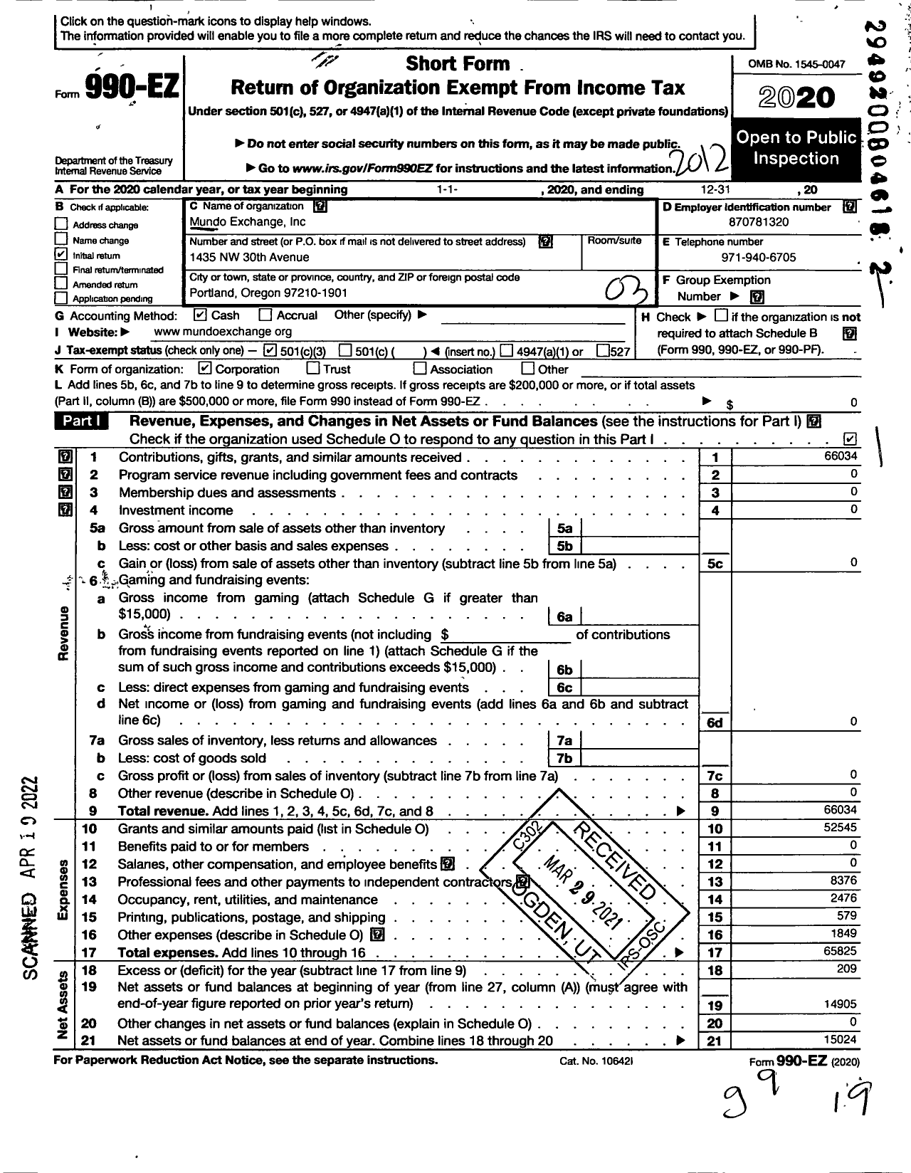 Image of first page of 2020 Form 990EZ for Mundo Exchange