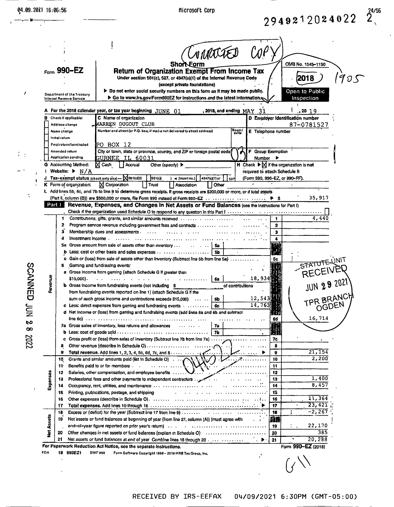 Image of first page of 2018 Form 990EZ for Warren Dugout Club