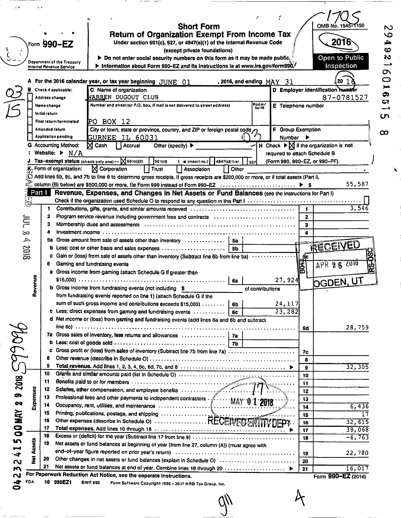 Image of first page of 2016 Form 990EZ for Warren Dugout Club