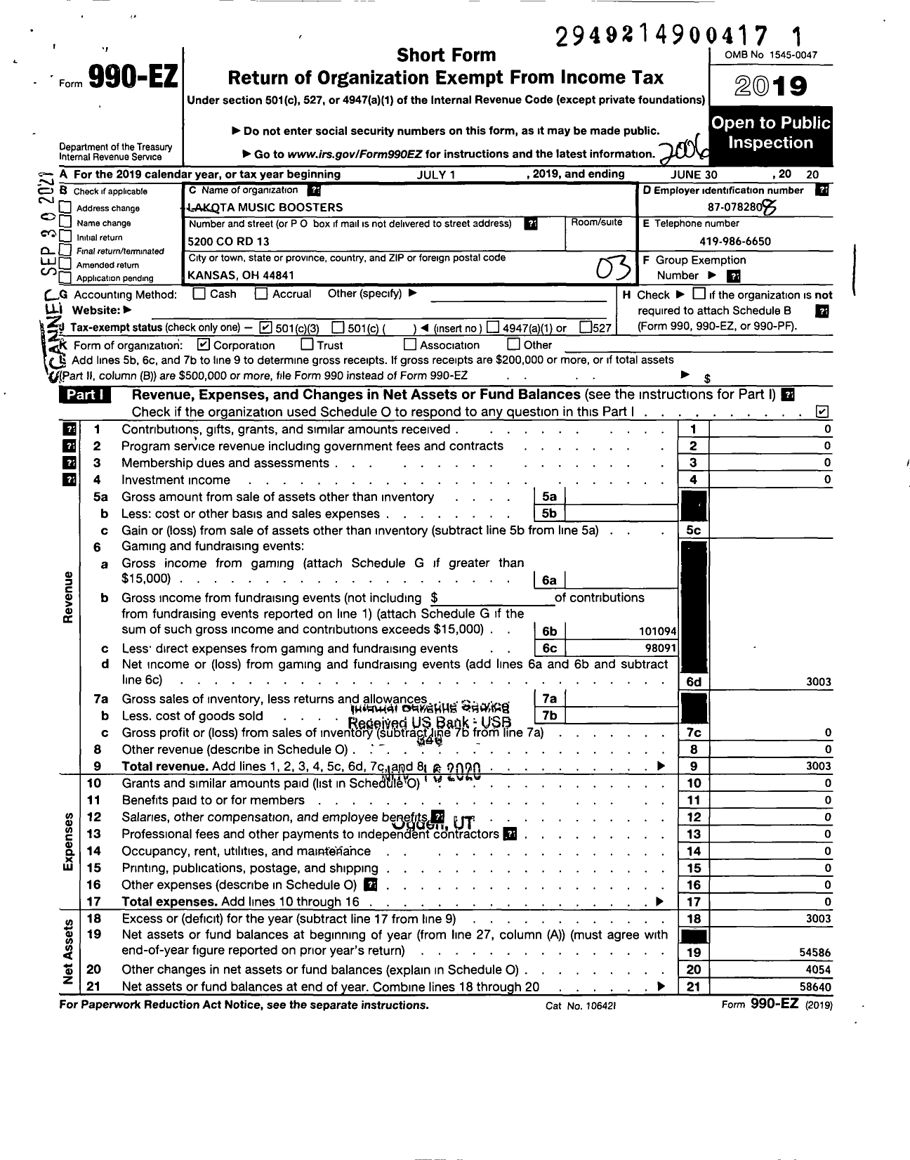Image of first page of 2019 Form 990EZ for Lakota Music Boosters