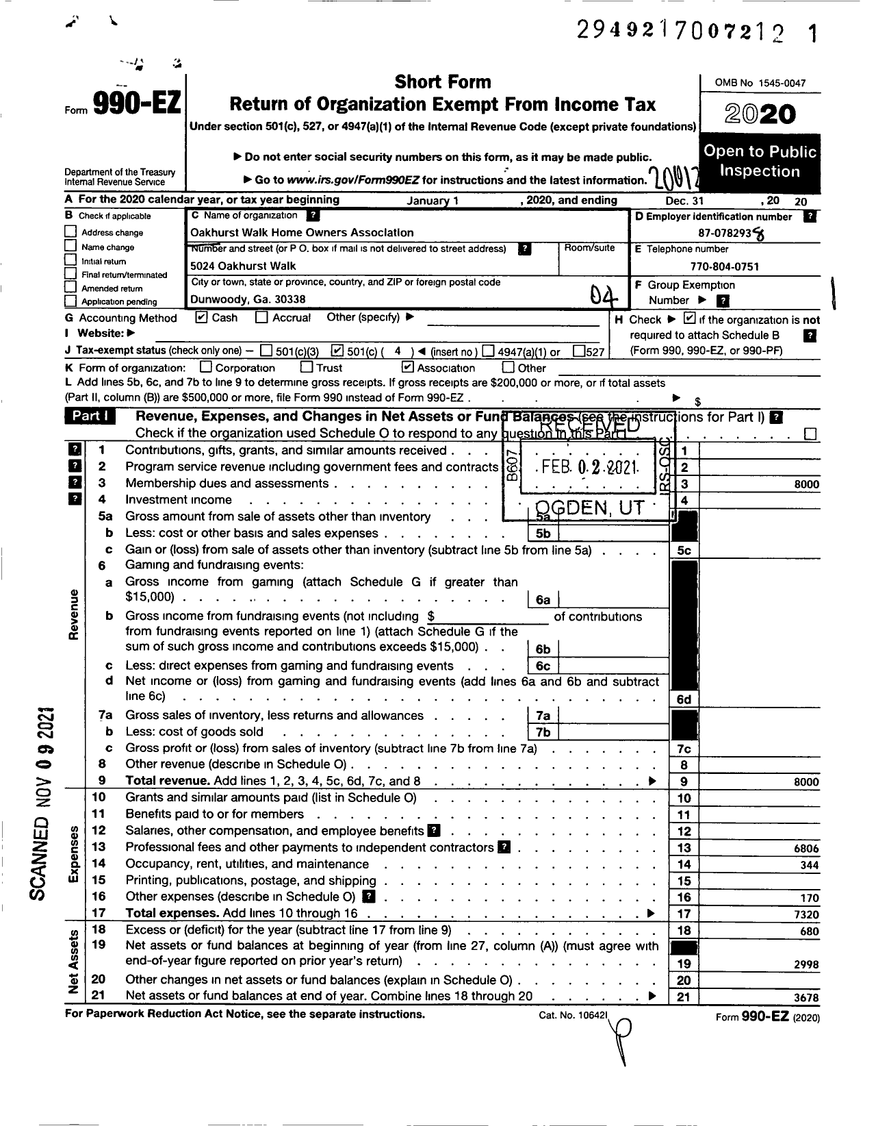 Image of first page of 2020 Form 990EO for Oakhurst Walk Homeowners Association