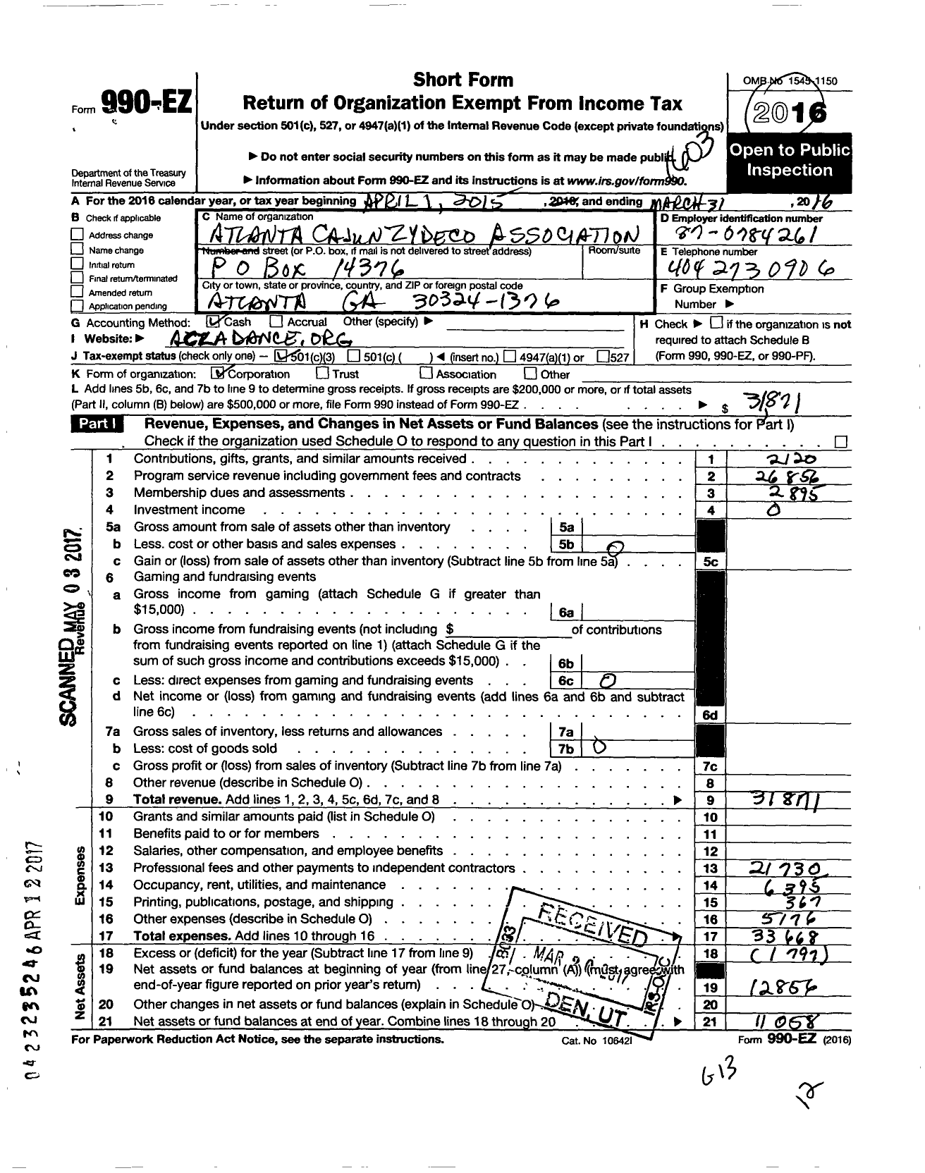 Image of first page of 2015 Form 990EZ for Atlanta Cajun Zydeco Association