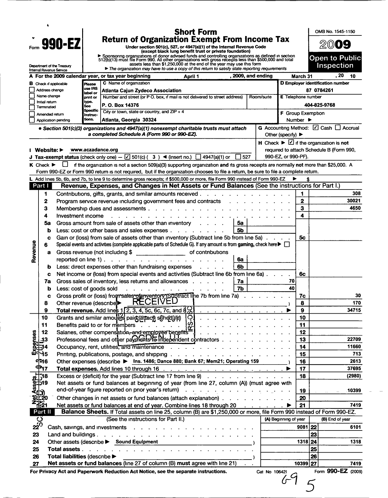 Image of first page of 2009 Form 990EZ for Atlanta Cajun Zydeco Association