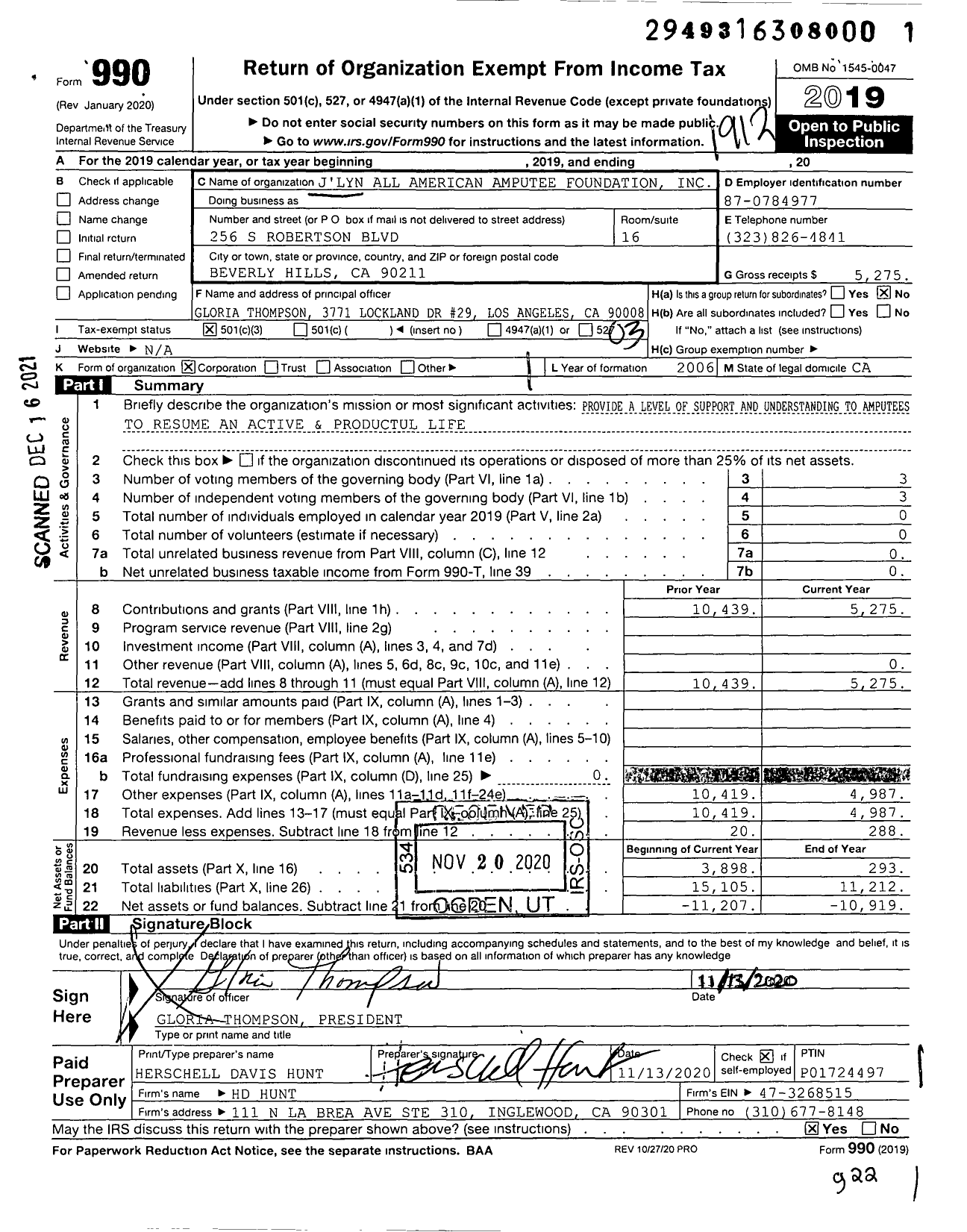 Image of first page of 2019 Form 990 for J-Ly N All American Amputee Foundation