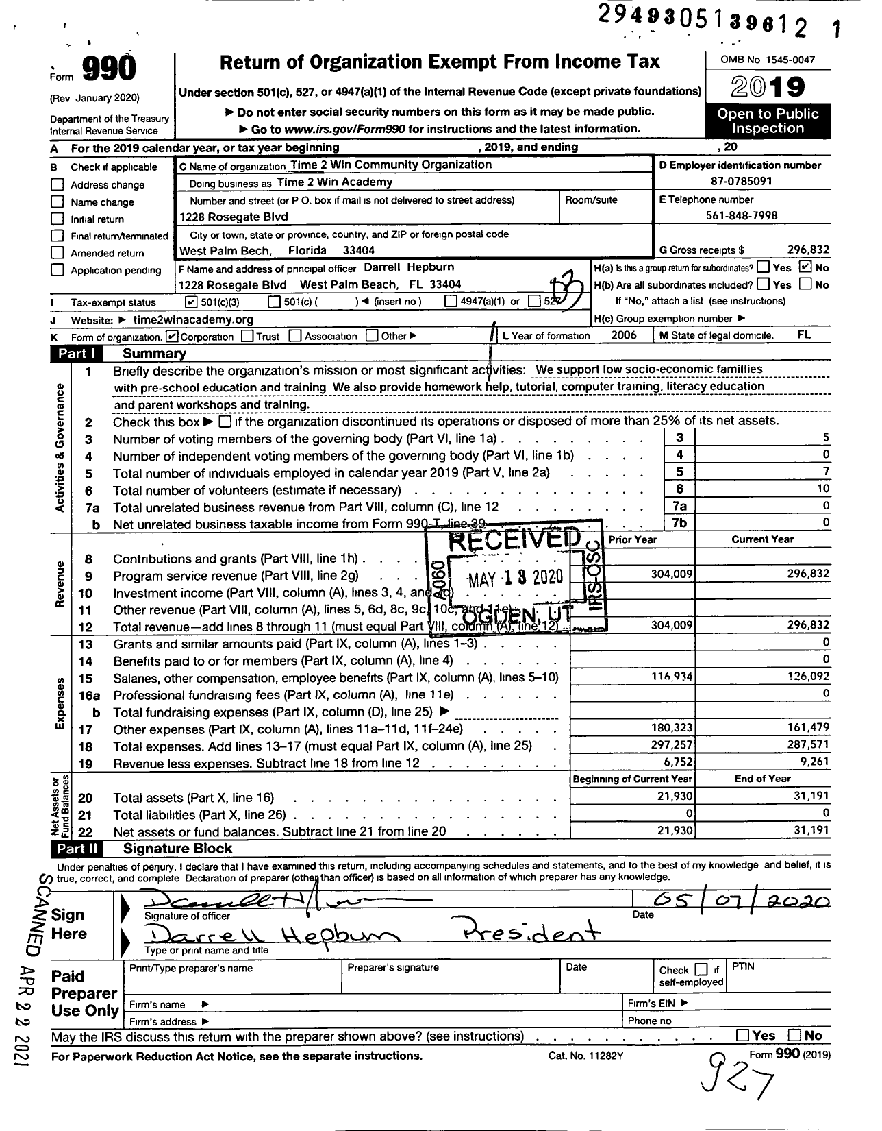 Image of first page of 2019 Form 990 for Time 2 Win Academy