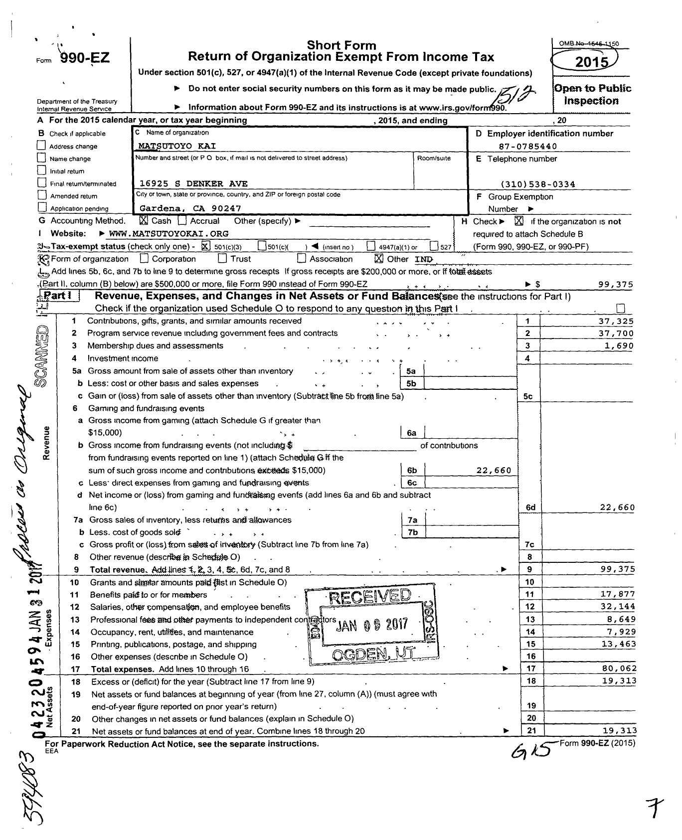 Image of first page of 2015 Form 990EZ for Matsutoyo Kai