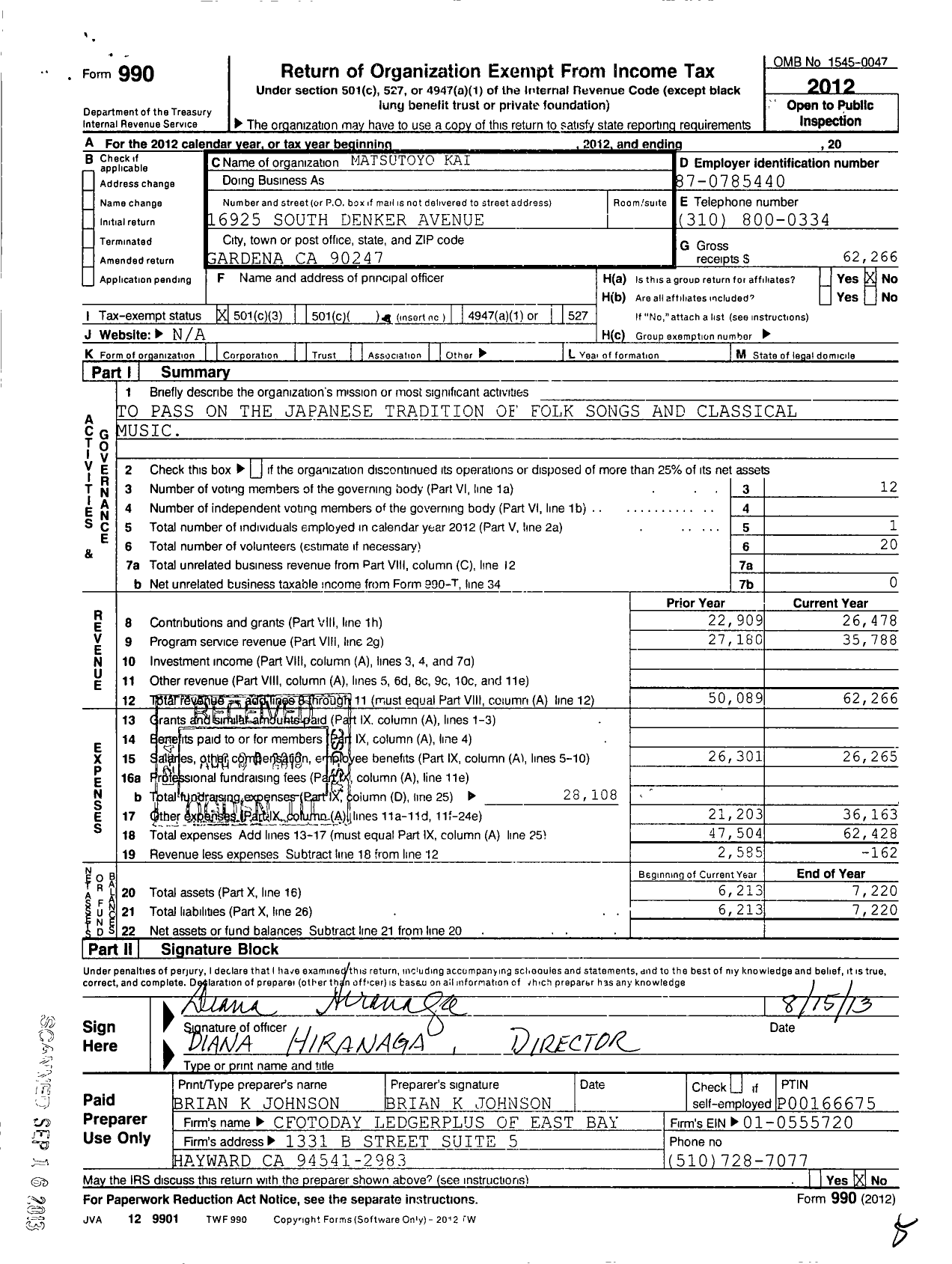 Image of first page of 2012 Form 990 for Matsutoyo Kai