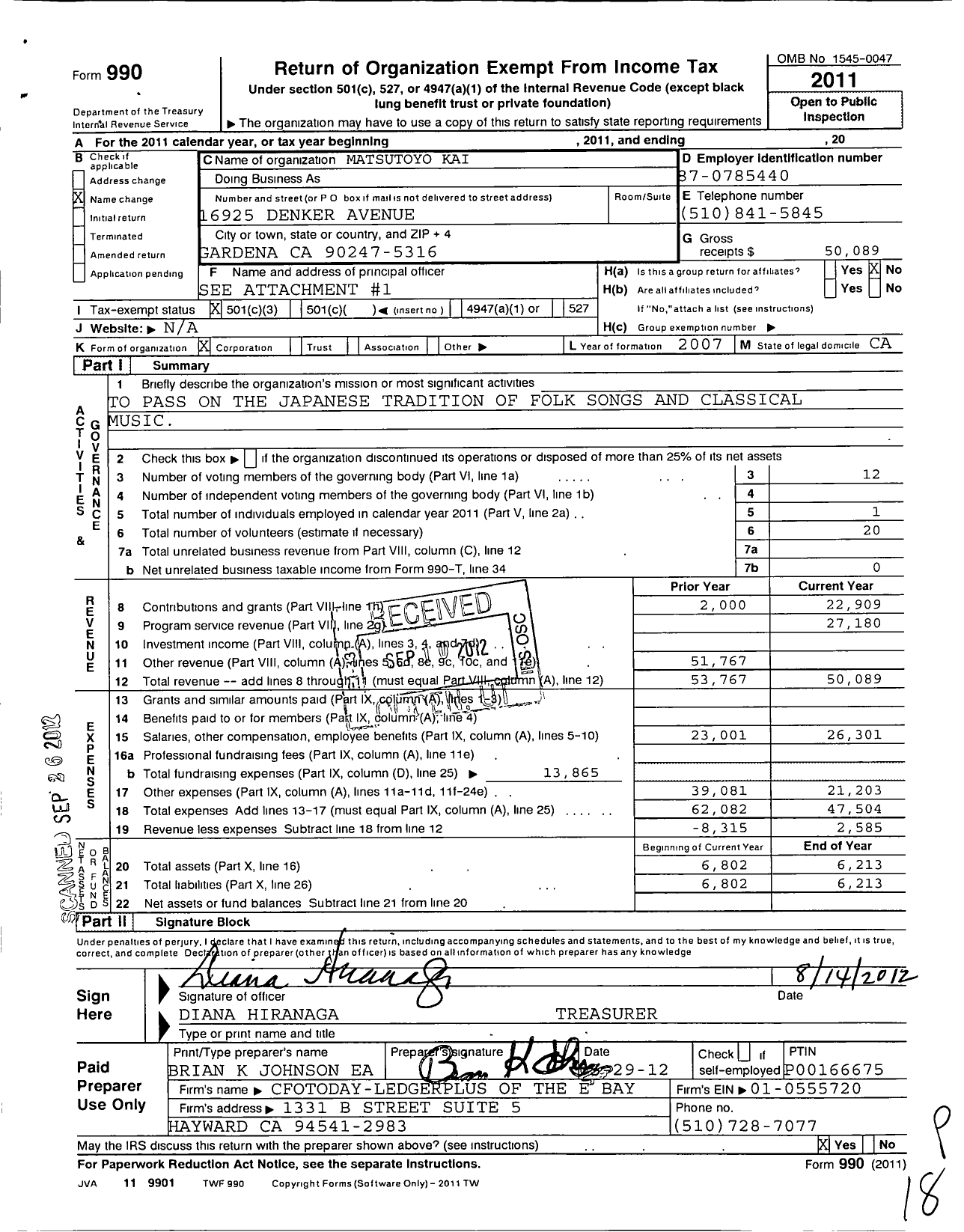 Image of first page of 2011 Form 990 for Matsutoyo Kai