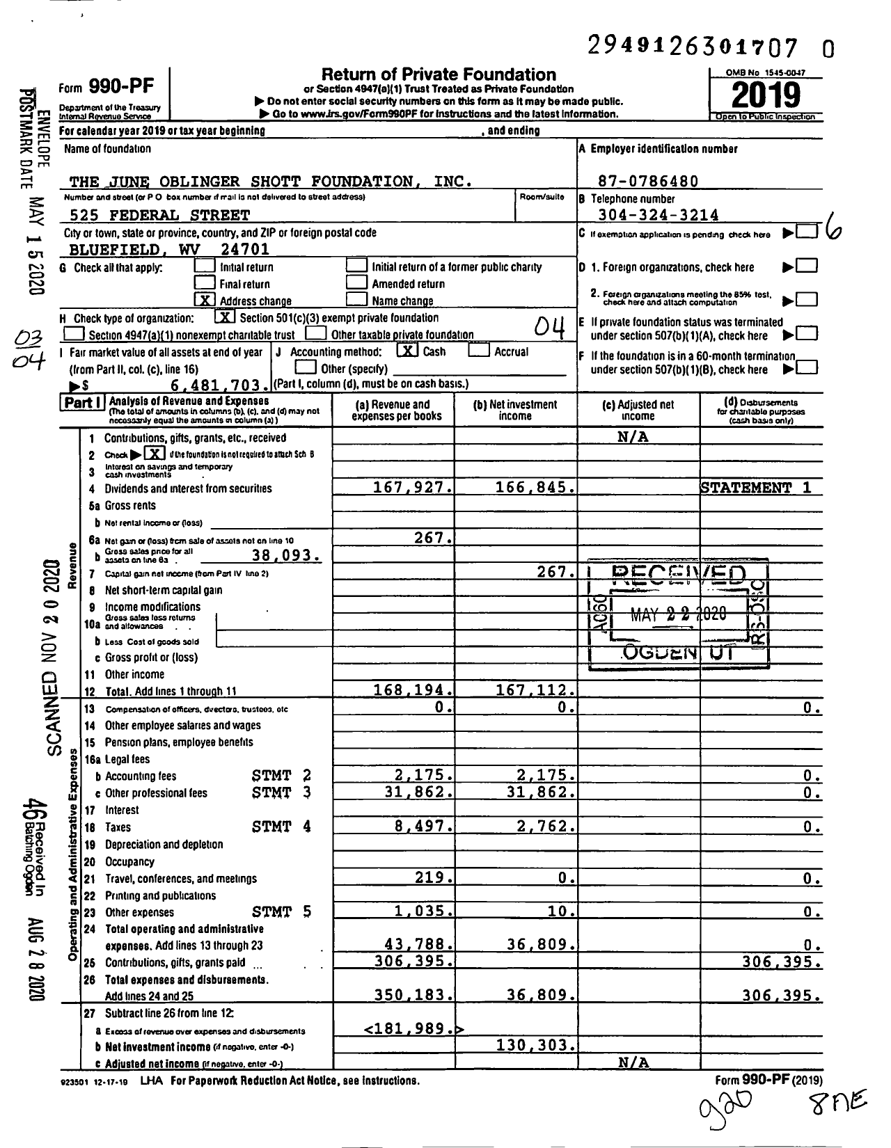 Image of first page of 2019 Form 990PF for The June Oblinger Shott Foundation