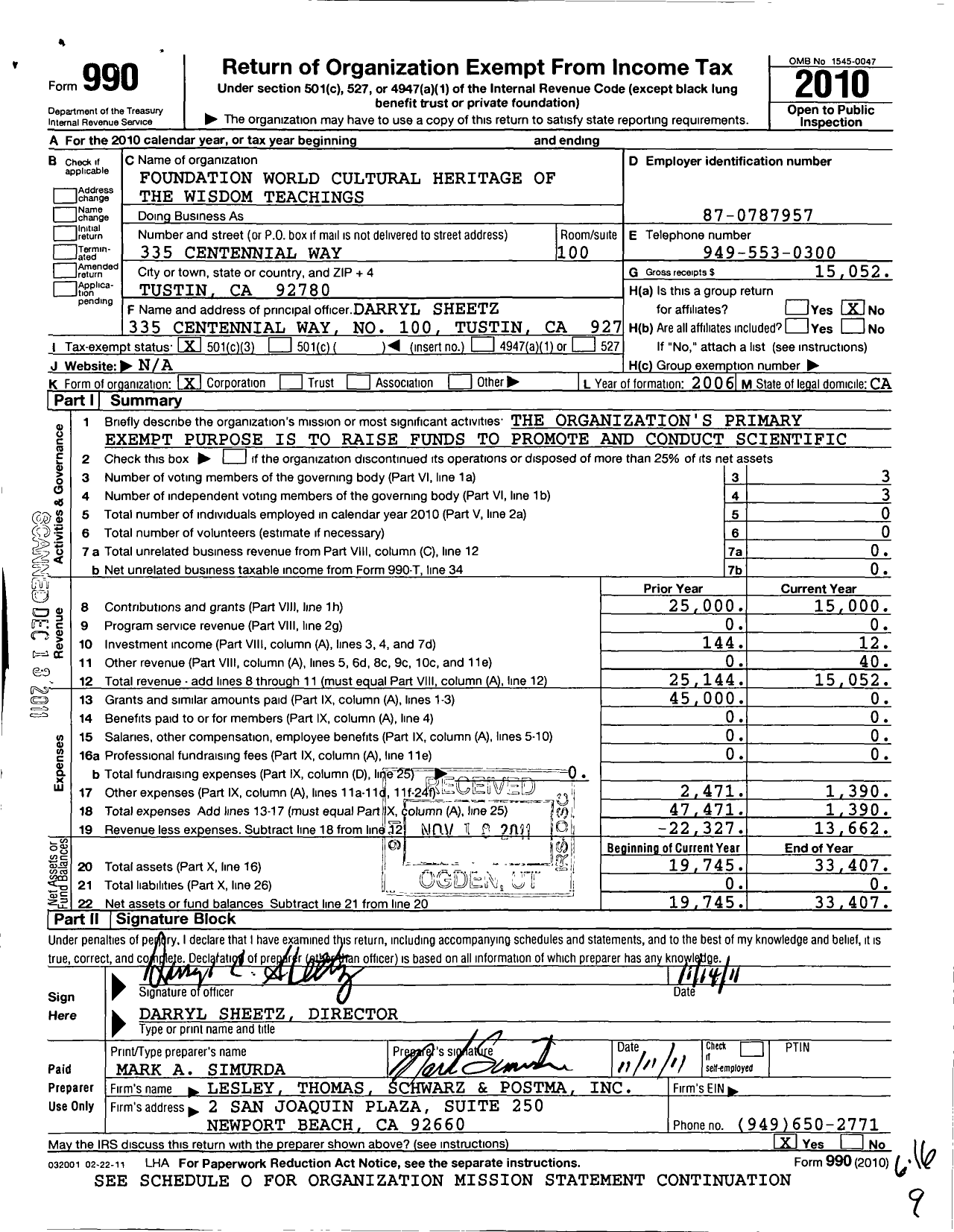 Image of first page of 2010 Form 990 for Foundation World Cultural Heritage of the Wisdom Teachings