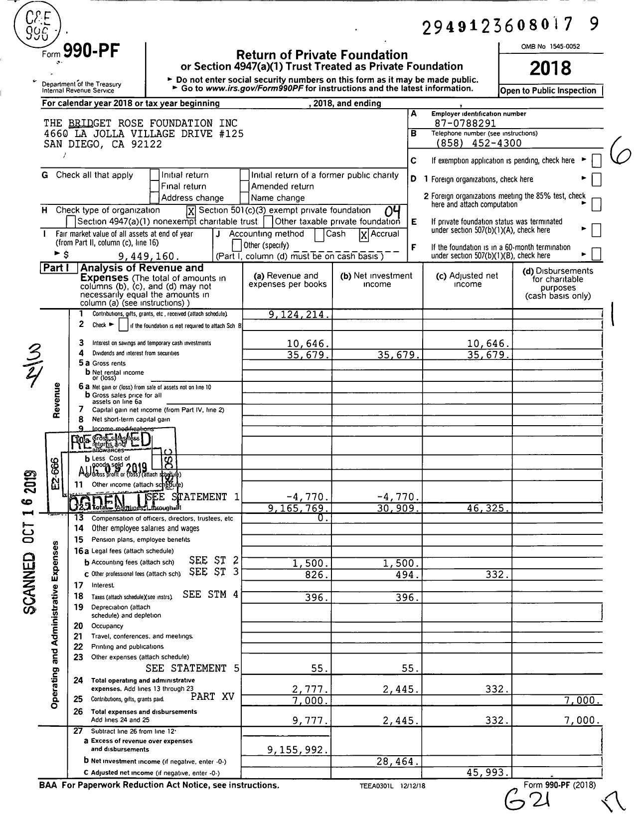 Image of first page of 2018 Form 990PF for The Bridget Rose Foundation