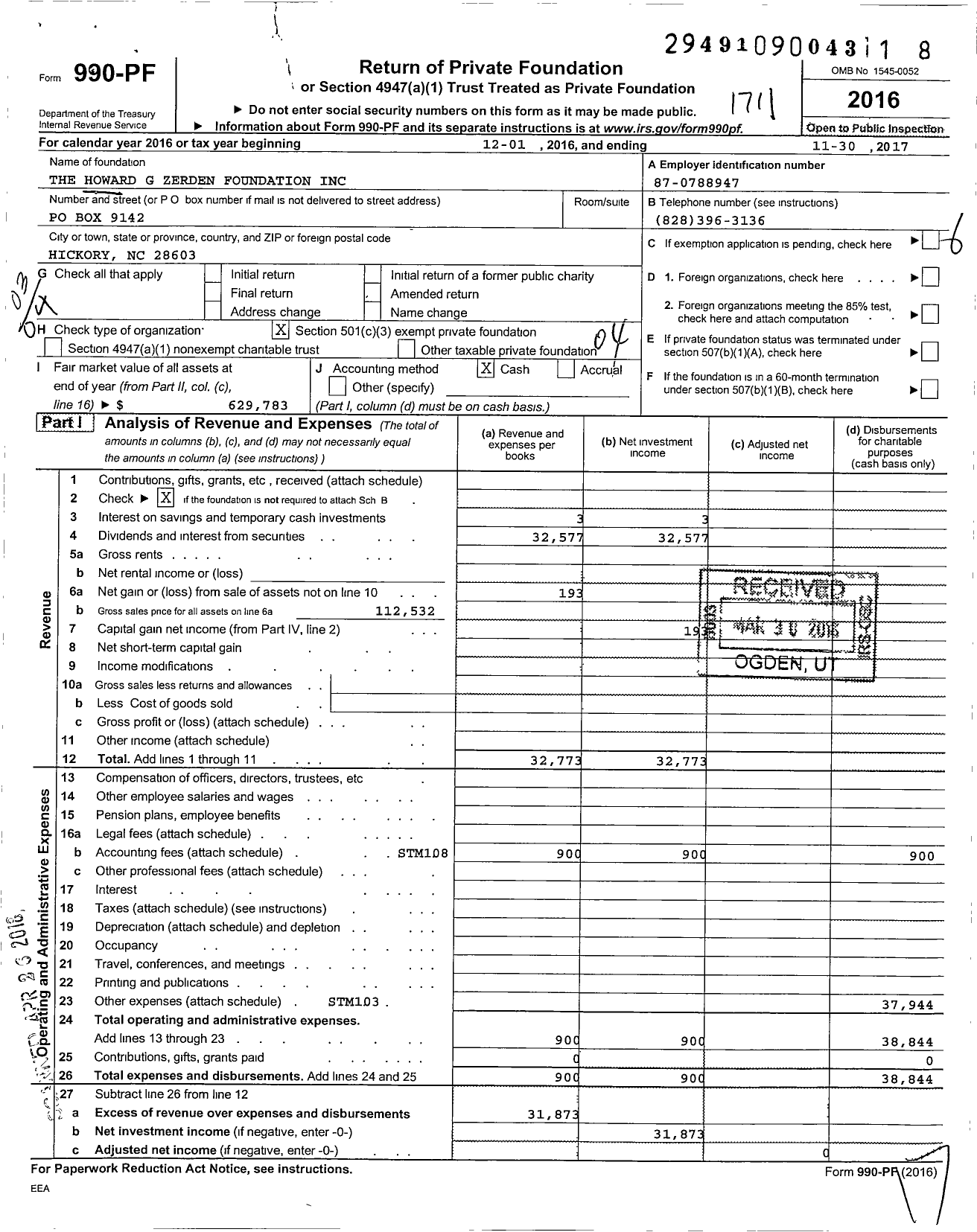 Image of first page of 2016 Form 990PF for The Howard G Zerden Foundation