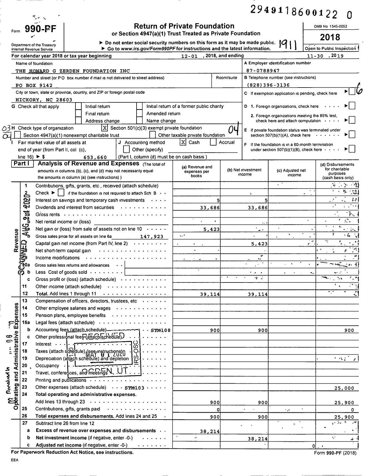 Image of first page of 2018 Form 990PR for The Howard G Zerden Foundation