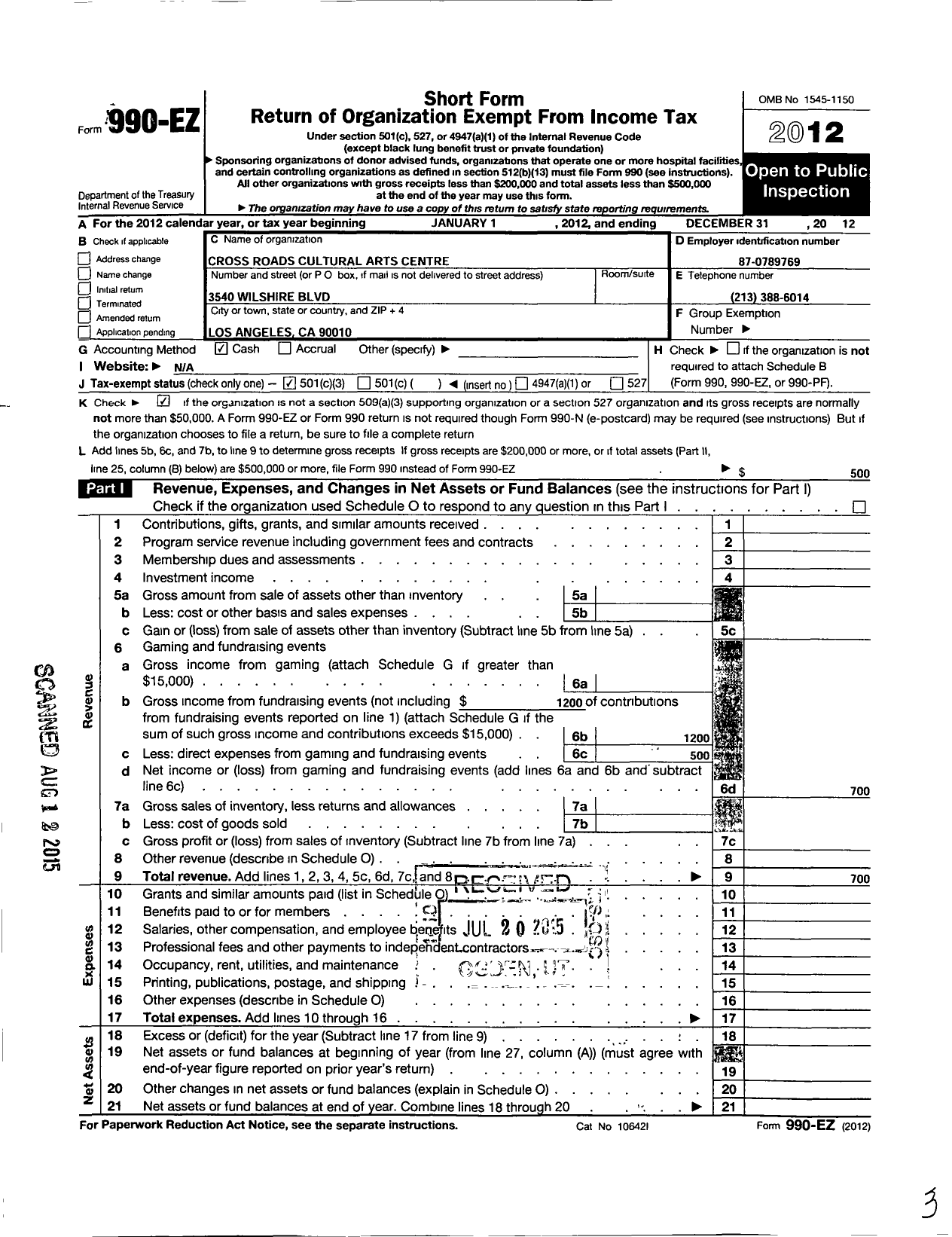 Image of first page of 2012 Form 990EZ for Cross Roads Cultural Arts Centre