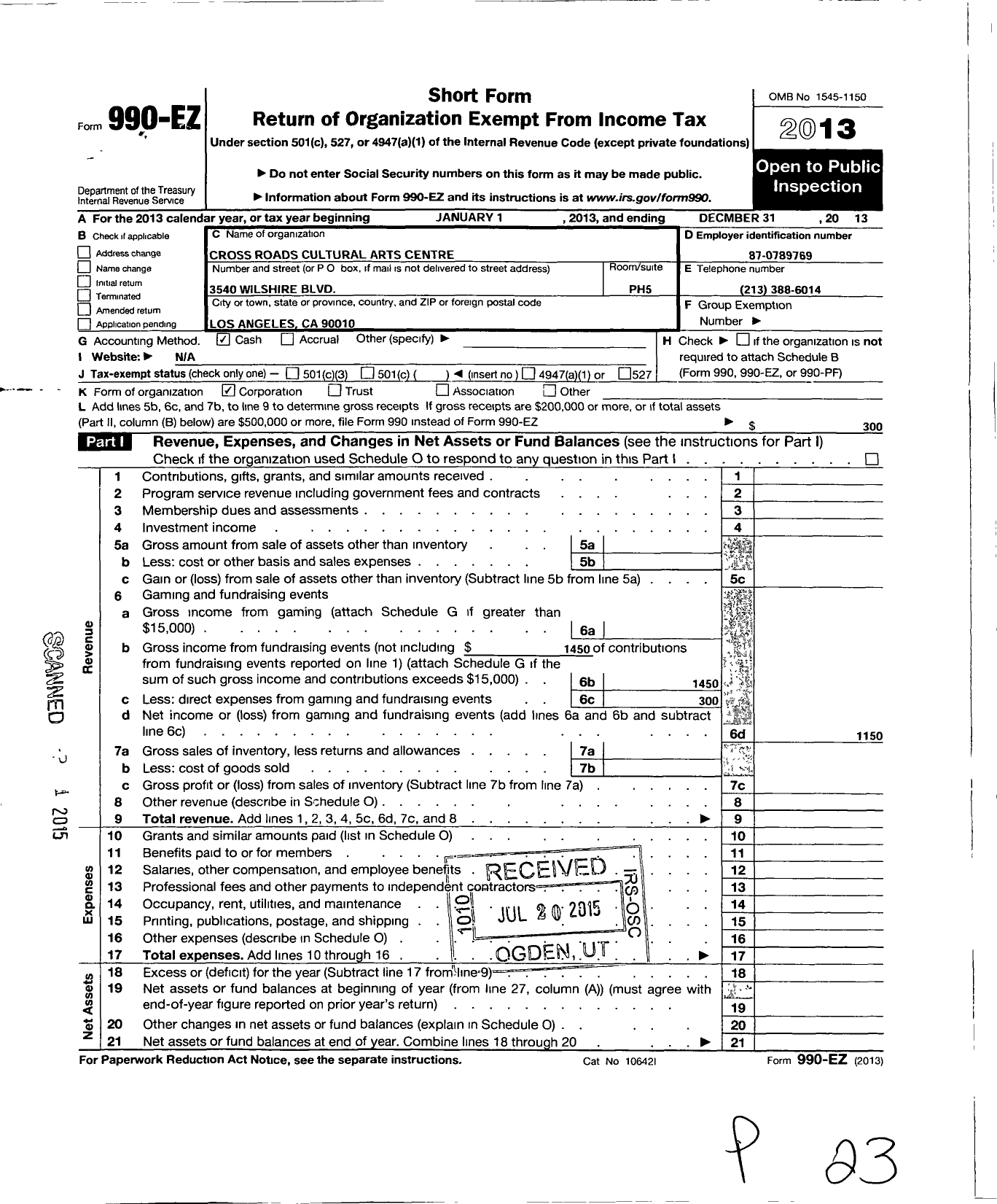 Image of first page of 2013 Form 990EO for Cross Roads Cultural Arts Centre