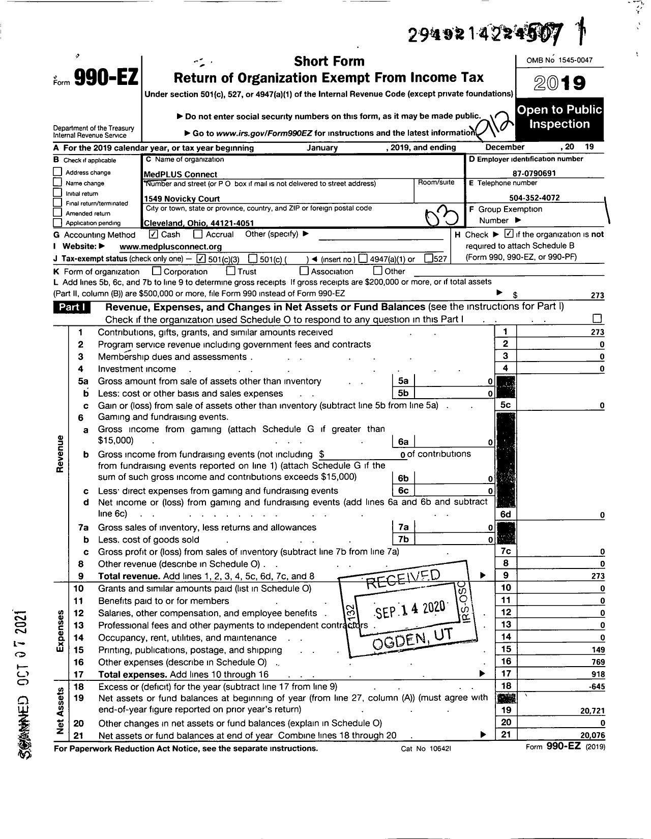 Image of first page of 2019 Form 990EZ for Medplus Connect