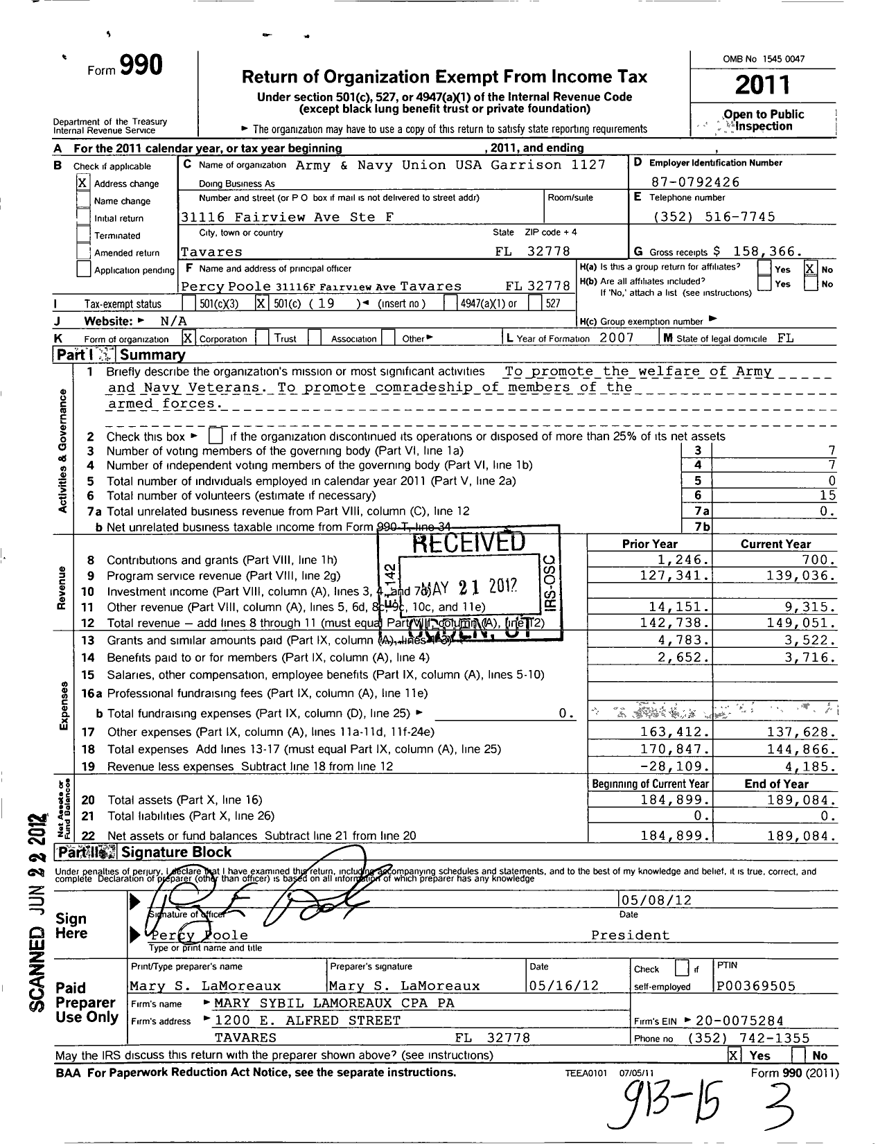Image of first page of 2011 Form 990O for Army and Navy Union of the USA - 1127 Garrison